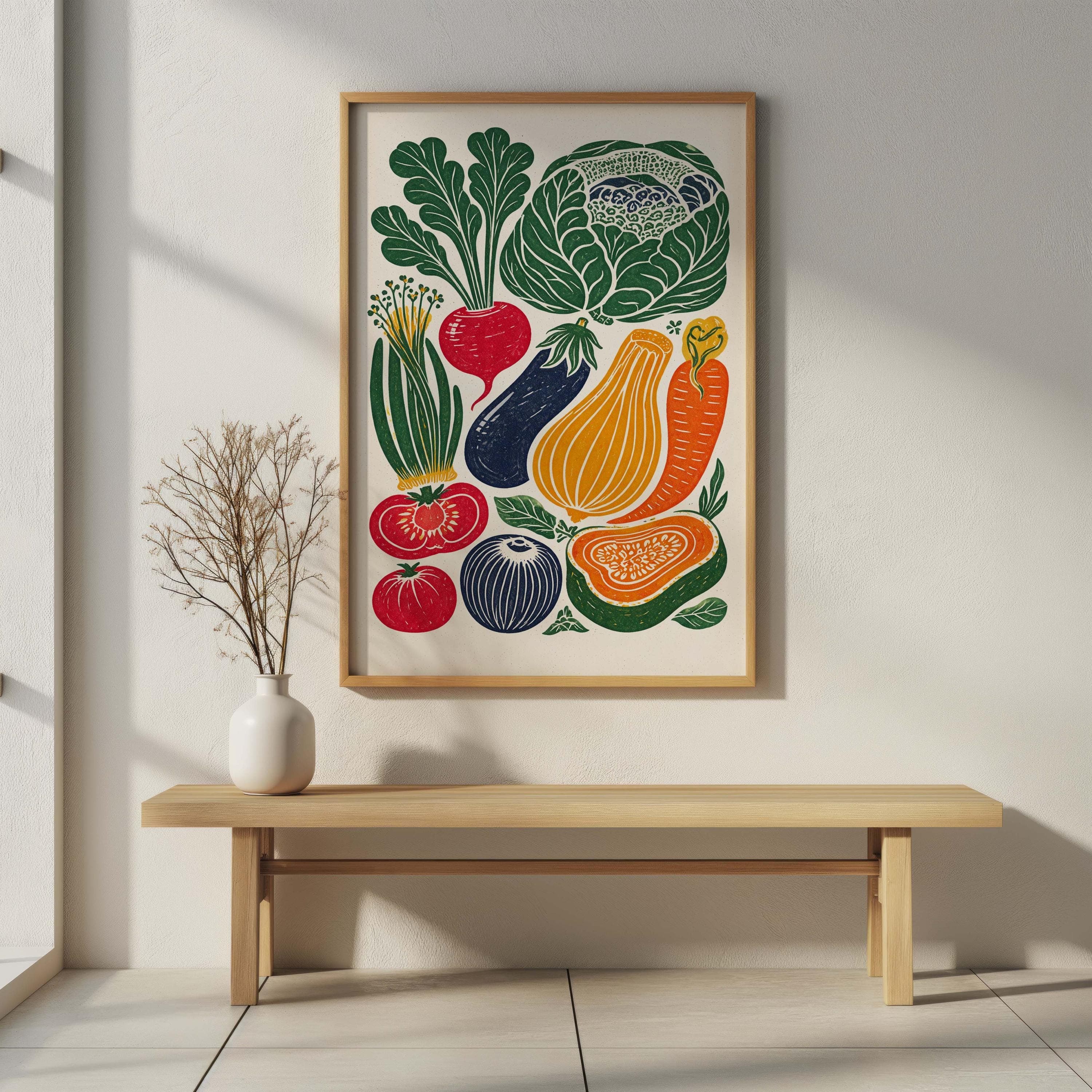 Vegetable Kitchen Wall Art | Linocut Style Farmers Market Print | Colorful Veggie Poster | Rustic Farmhouse Decor | Vegan Foodie Gift - image 4