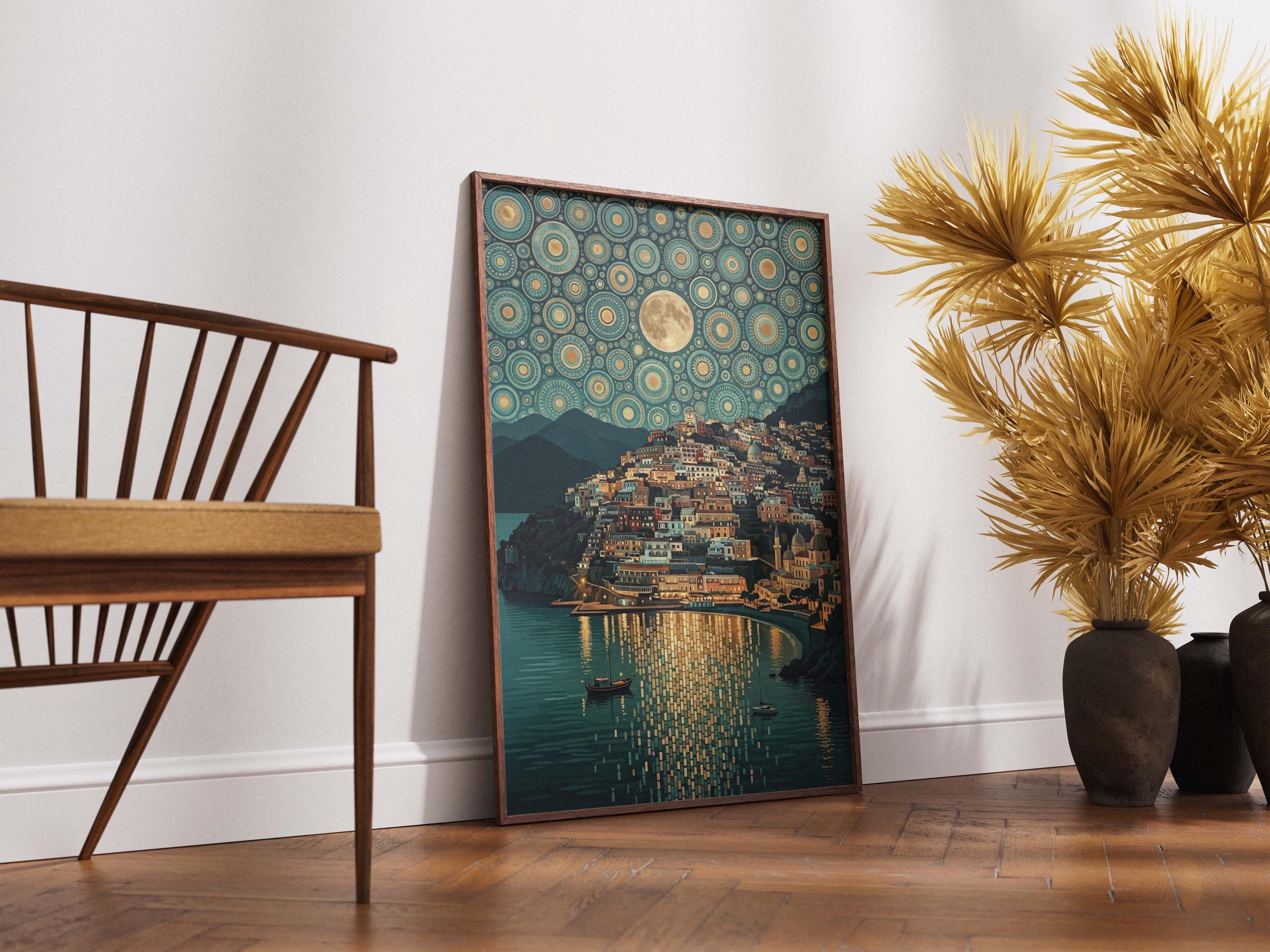 Positano Night Art Print, Klimt Coastal Village Wall Decor - image 4
