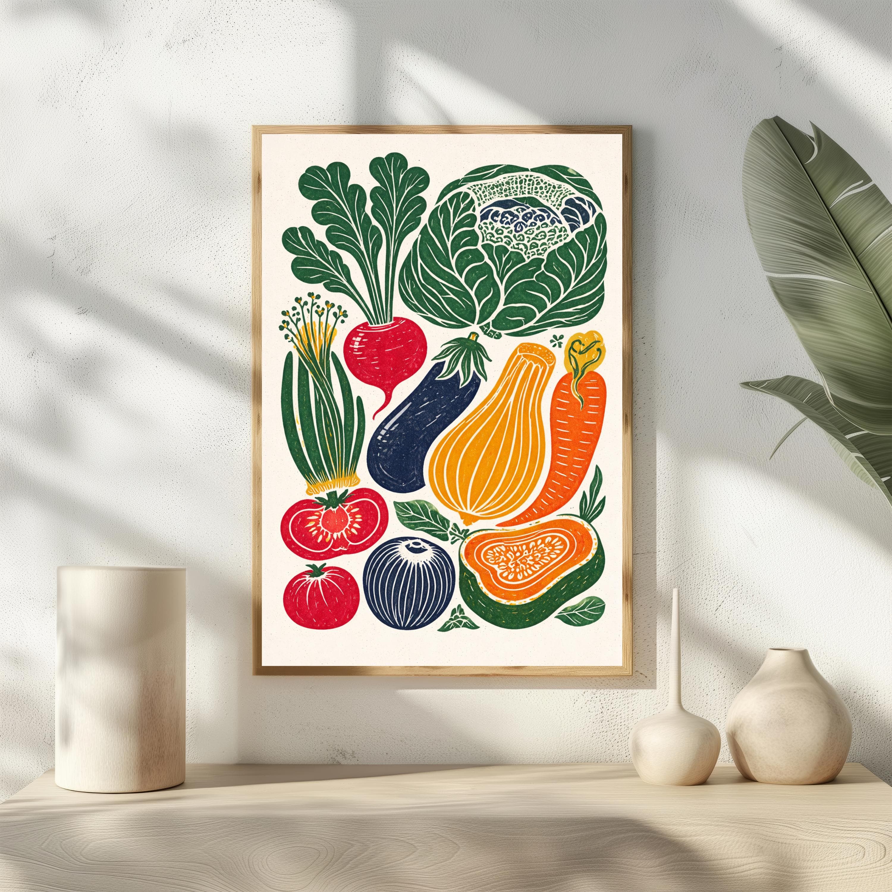 Vegetable Kitchen Wall Art | Linocut Style Farmers Market Print | Colorful Veggie Poster | Rustic Farmhouse Decor | Vegan Foodie Gift