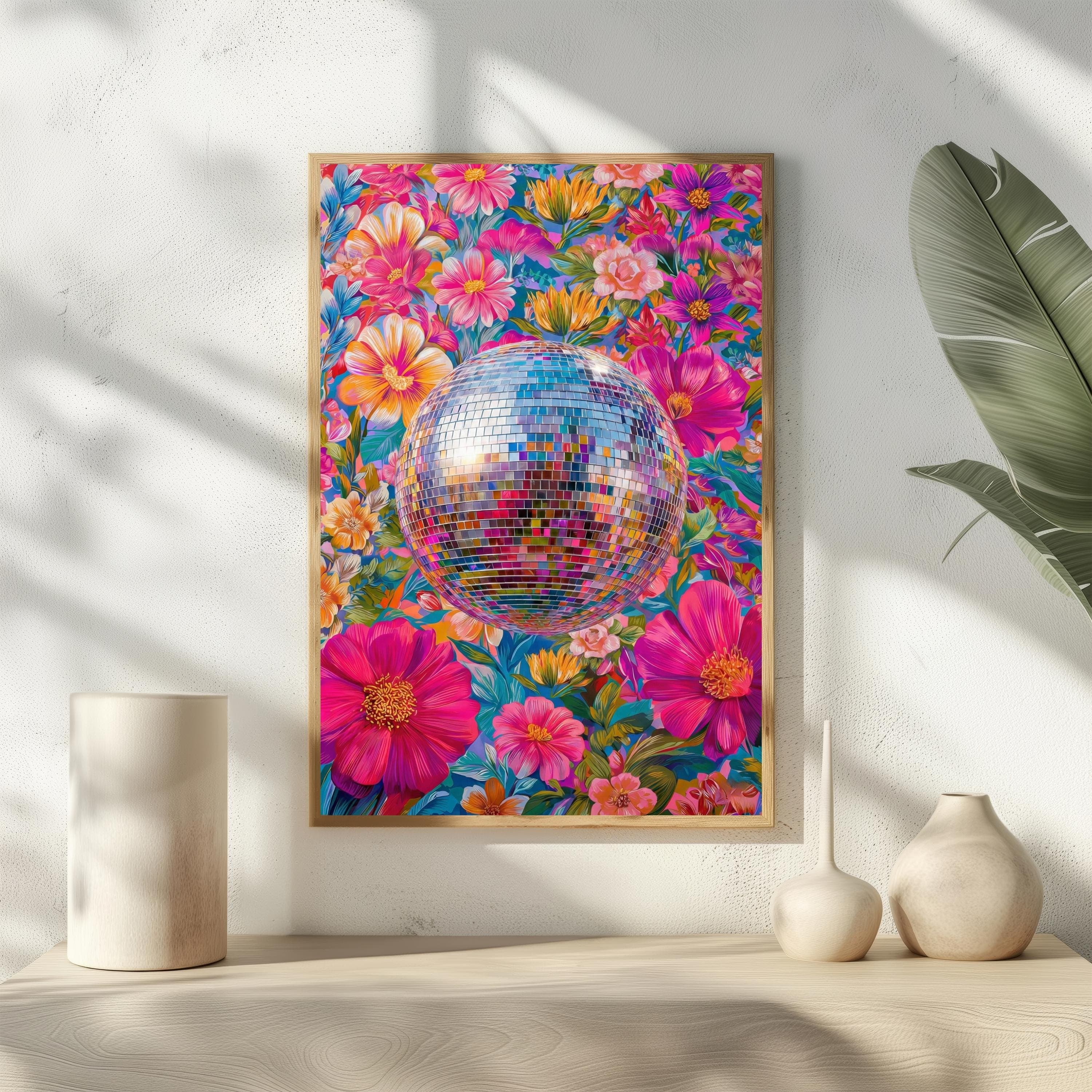 Disco Ball Poster, Maximalist Floral Wall Art, Hot Pink Dopamine Decor, 70s Print