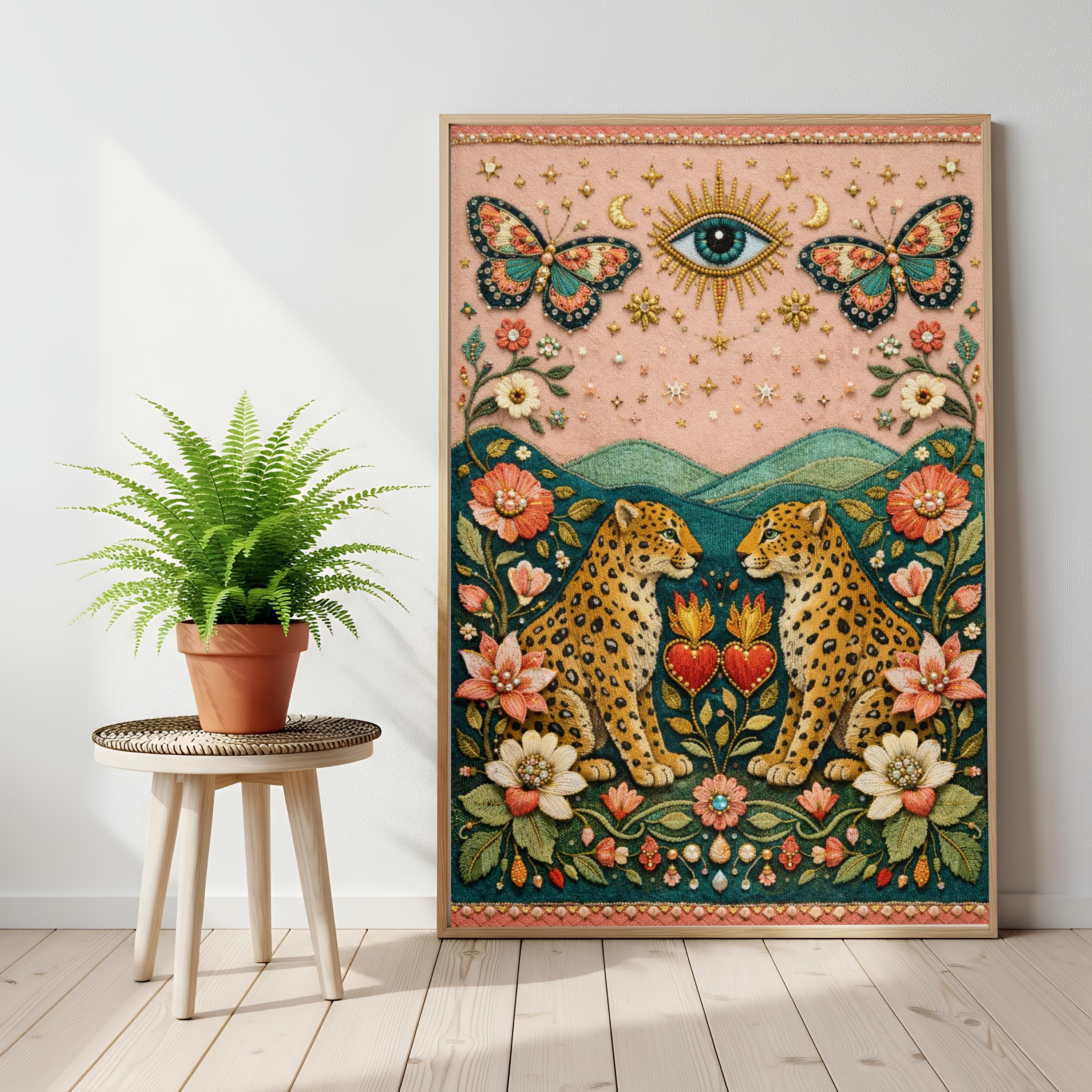 Maximalist Leopard Wall Art, Faux Embroidery Print, Sacred Heart, Evil Eye Poster - image 3