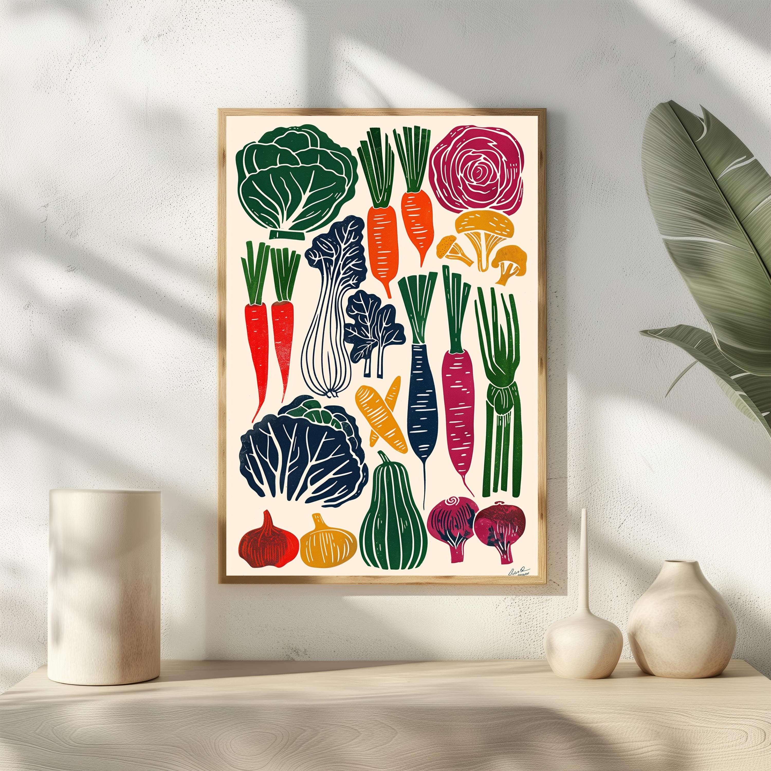 Root Vegetable Kitchen Art | Linocut Mushroom & Carrot Print | Rustic Farmers Market Poster | Autumn Harvest Decor | Vegan Cooking Gift