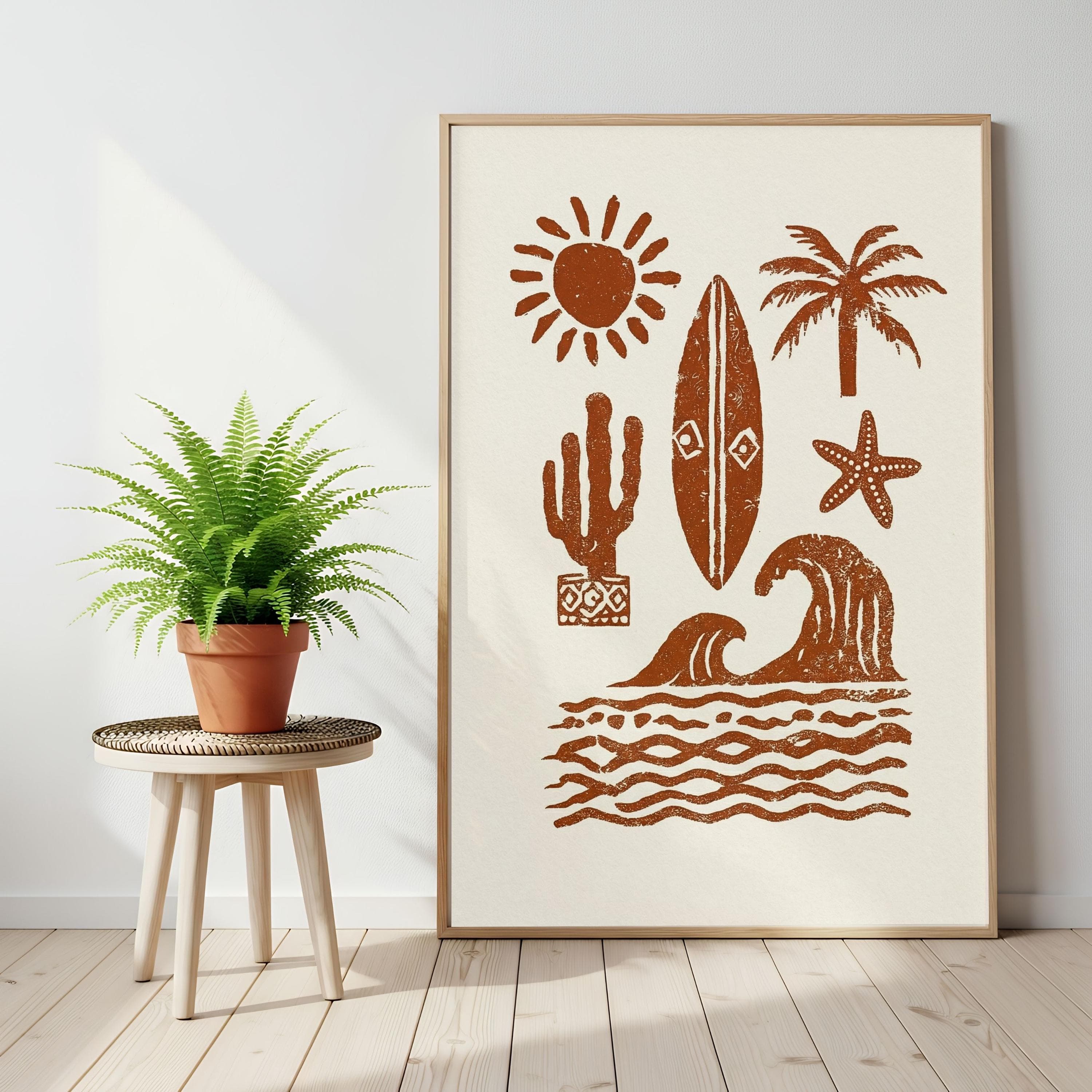 Surfboard Art Print, Terracotta Coastal Linocut, Cactus and Wave Poster - image 3