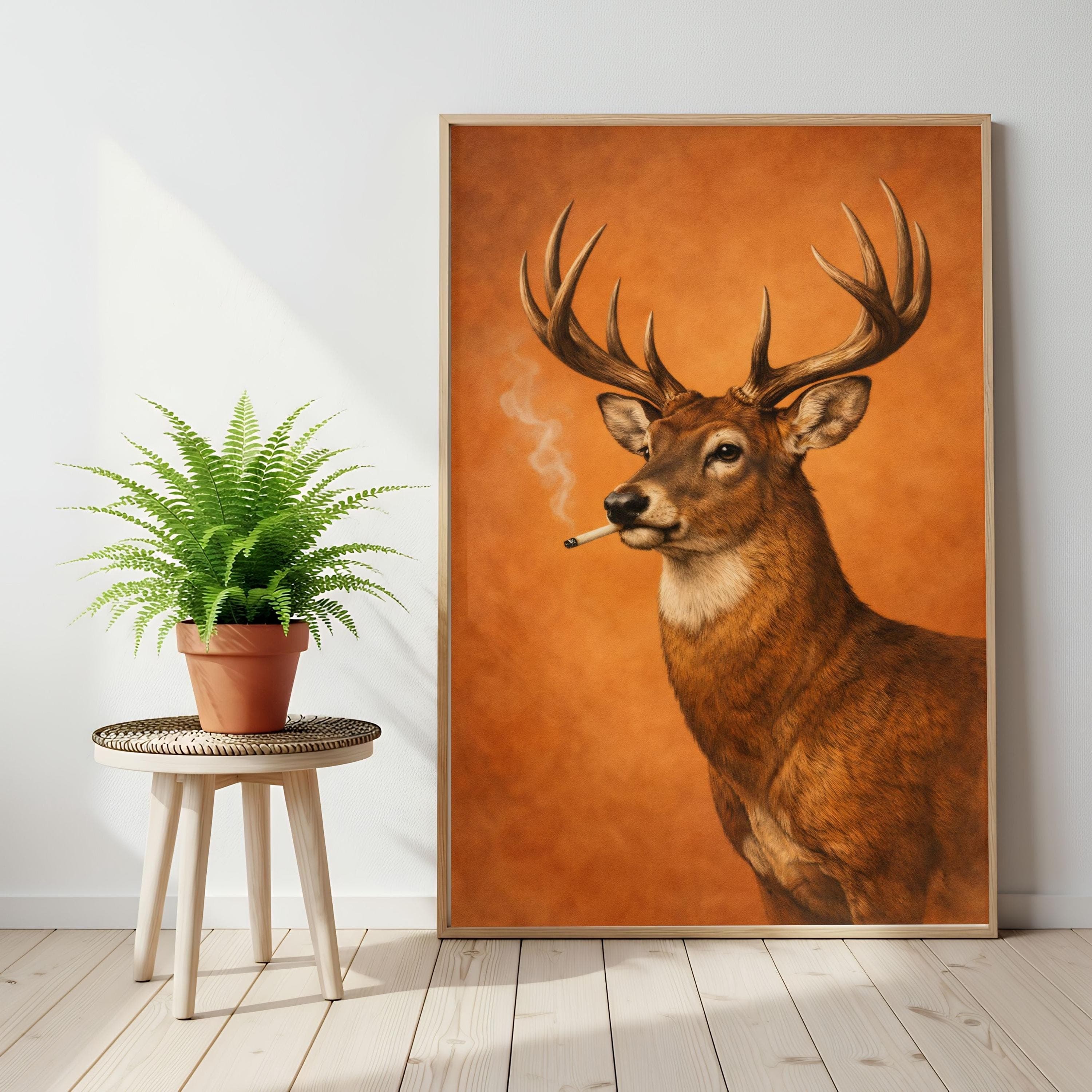 Smoking Stag Poster, Vintage Deer Print, Funny Man Cave Decor, Weirdcore Wall Art - image 3