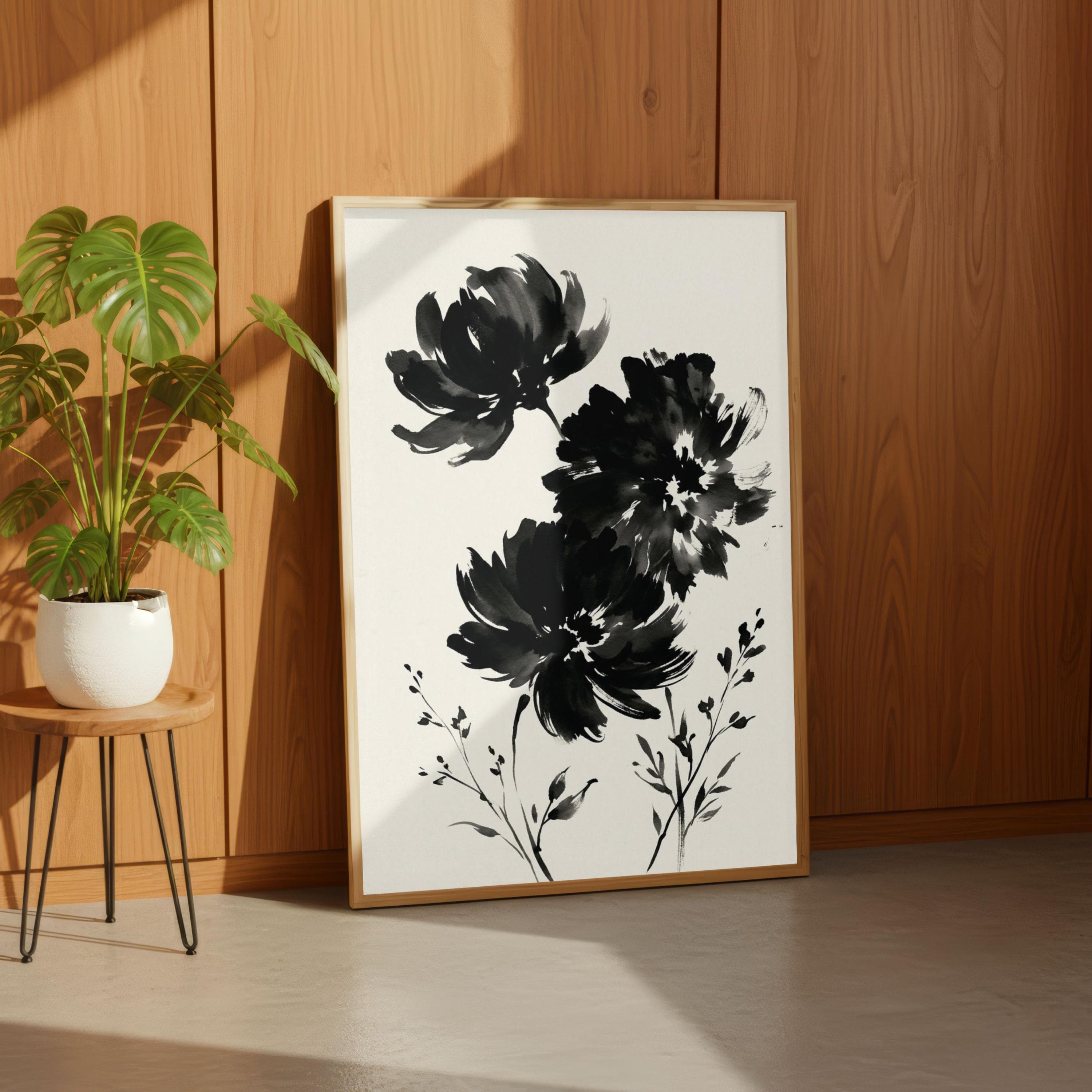 Japandi Floral Wall Art, Sumi-e Ink Wash Painting, Black Ink Flower Zen Poster - image 4