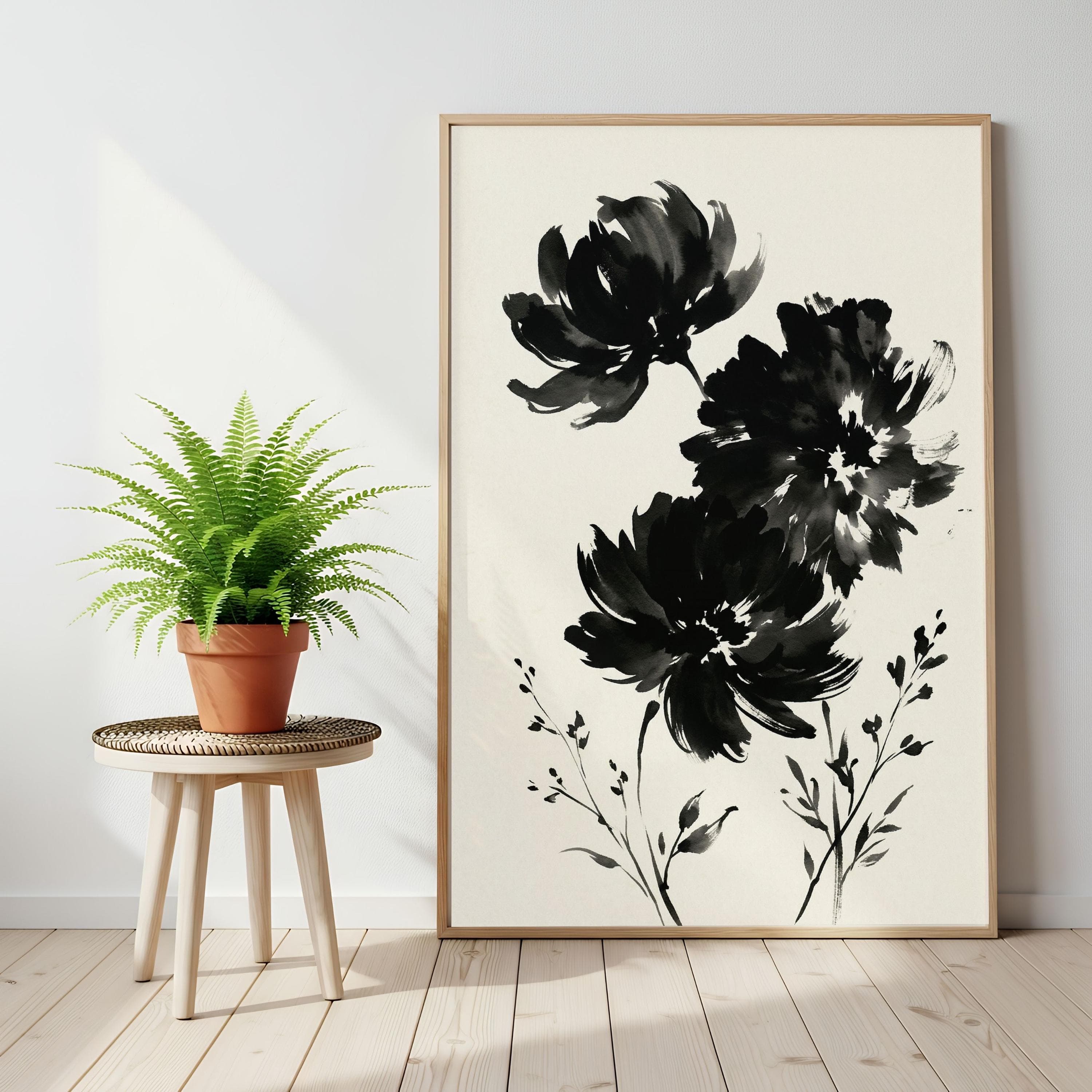 Japandi Floral Wall Art, Sumi-e Ink Wash Painting, Black Ink Flower Zen Poster - image 3