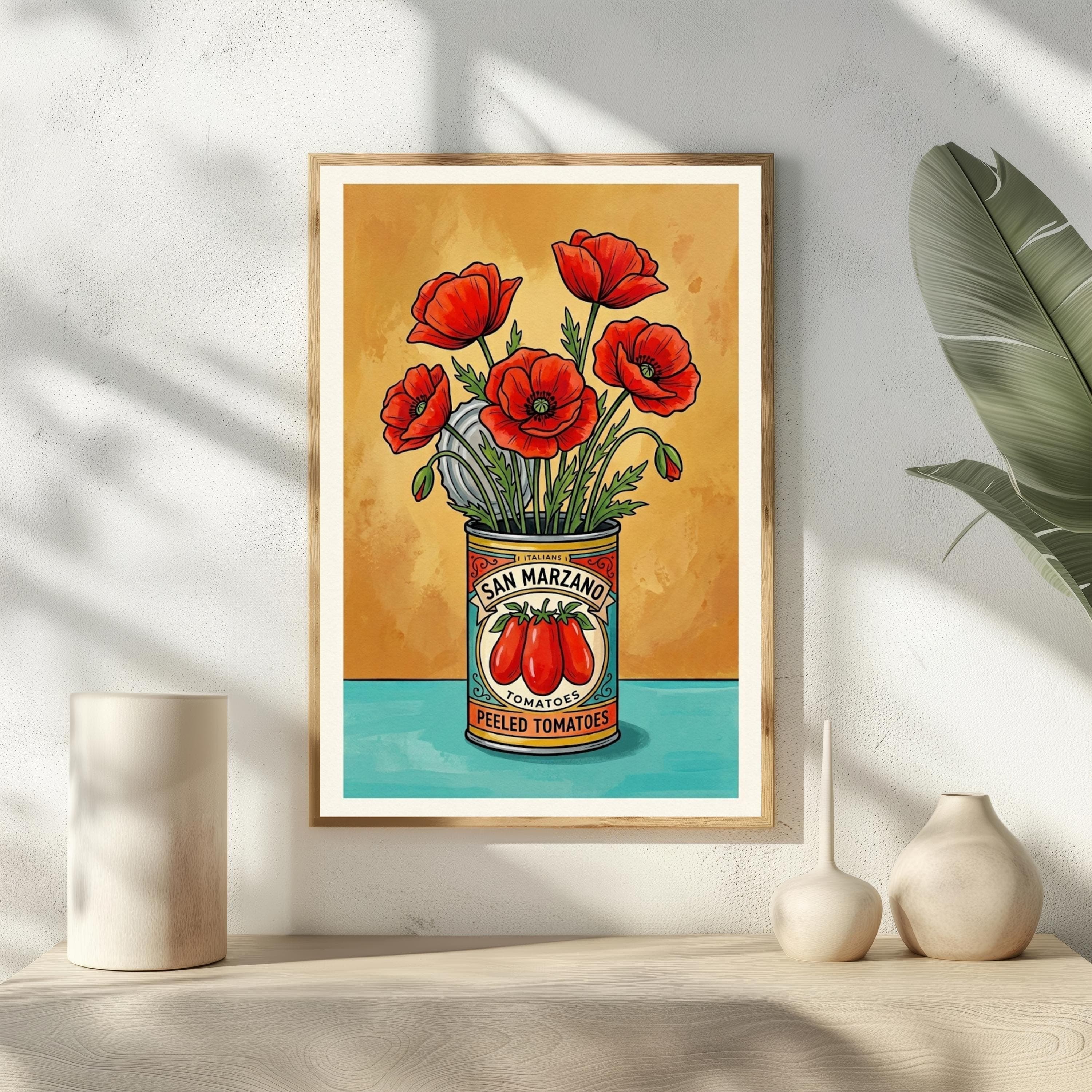 San Marzano Tomato Can Print, Red Poppies Poster, Italian Kitchen Wall Art, Vintage Food Label Decor, Maximalist Foodie Gift