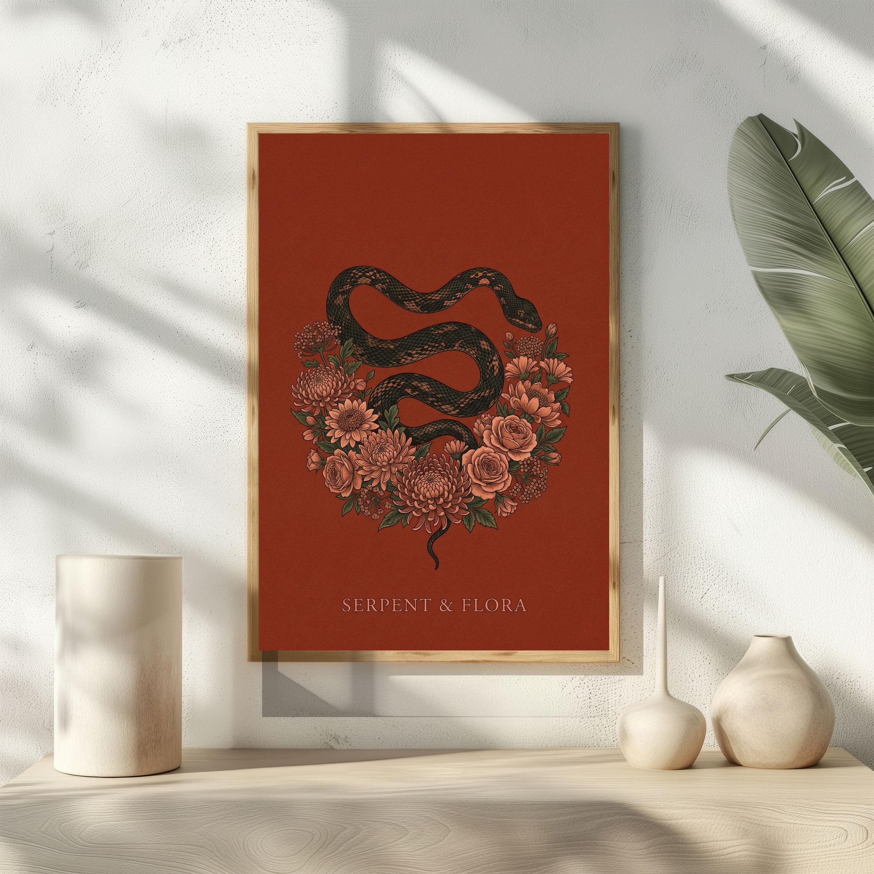 Gothic Snake Floral Poster, Dark Academia Serpent Print, Witchy Flower Wall Art