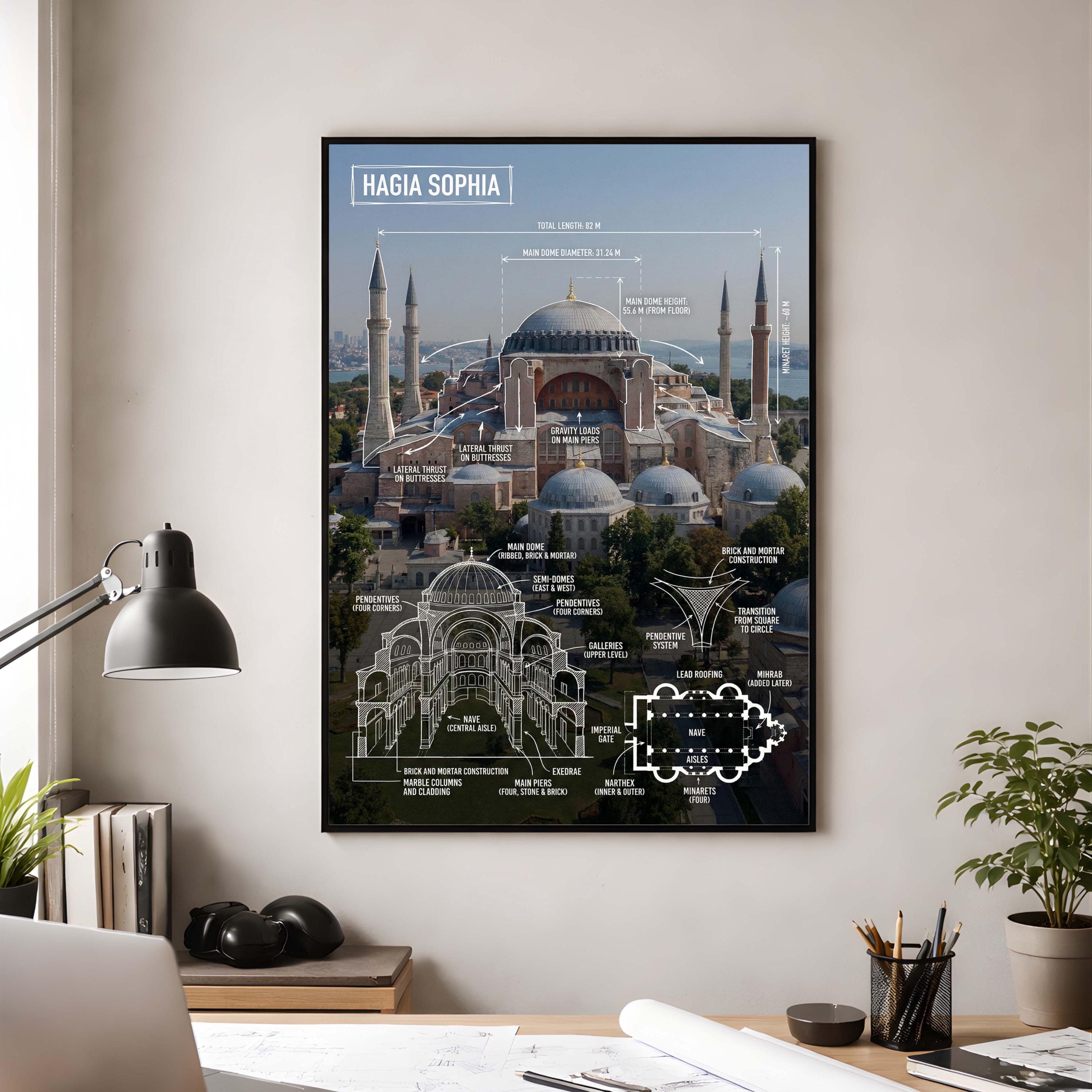 Hagia Sophia Blueprint Poster, Istanbul Architecture Print, Byzantine Decor (Digital Download Available)