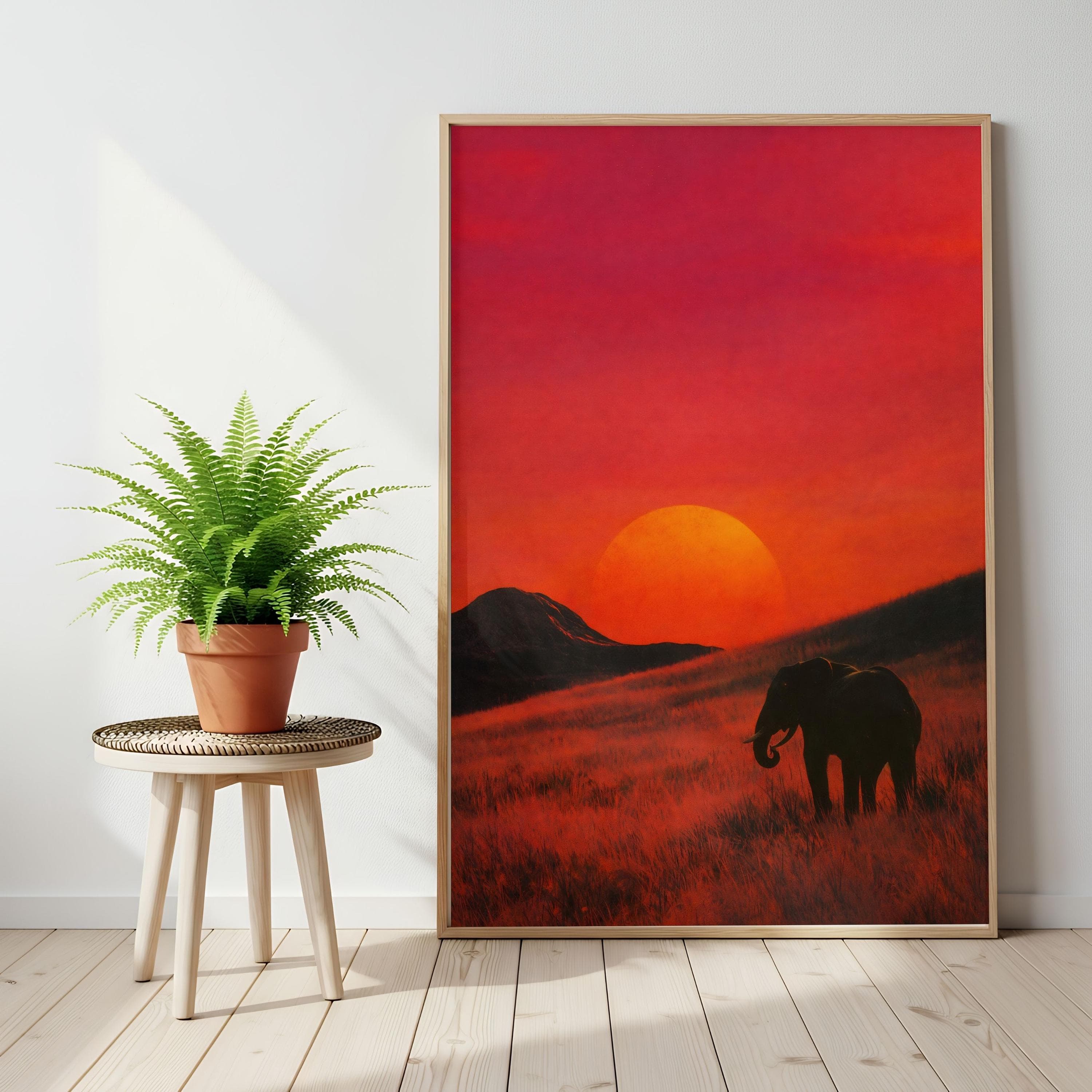 Elephant Sunset Silhouette, African Safari Wall Art, Retro Red Orange Poster - image 3