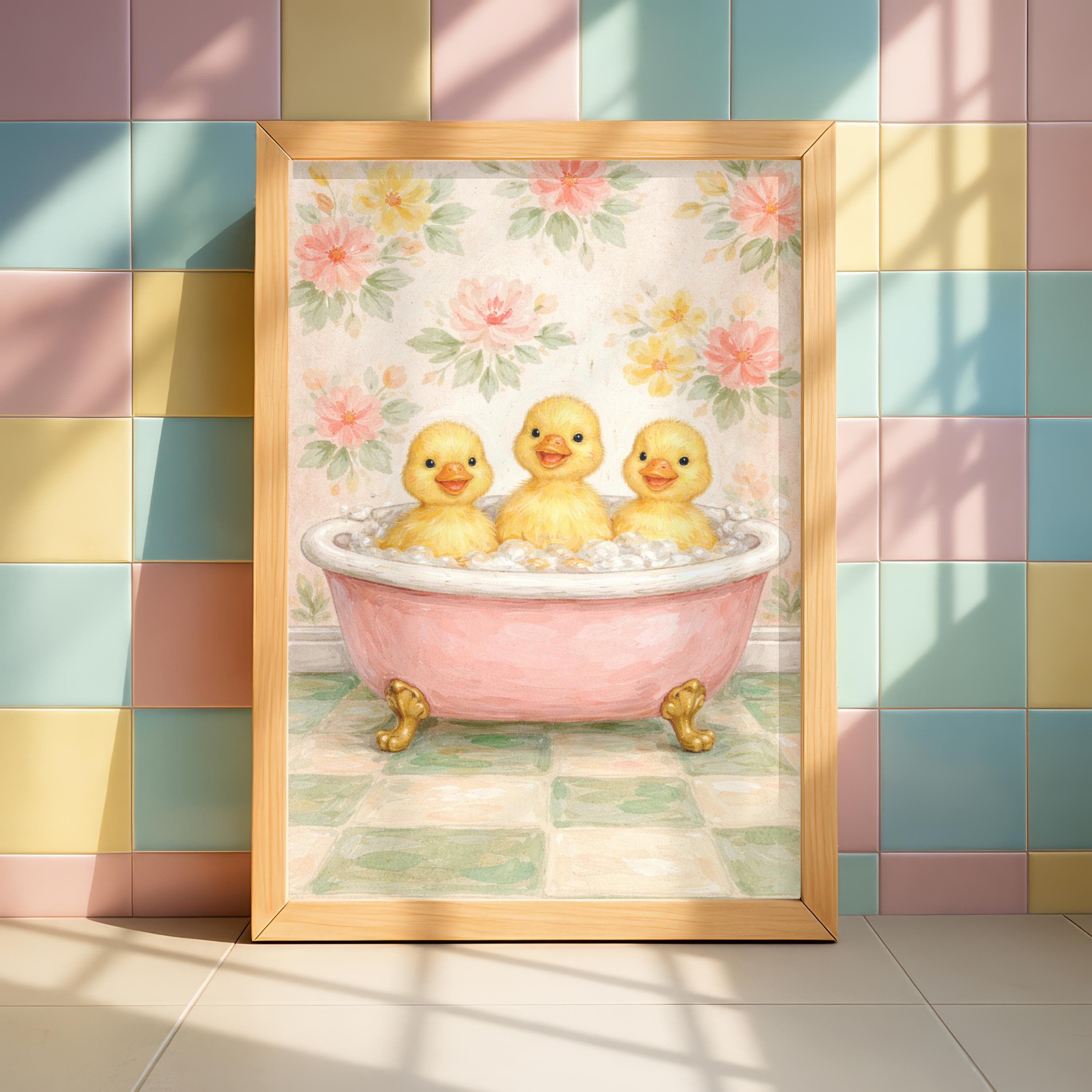 Cute Bathroom Ducks Art, Ducklings In Pink Bathtub, Funny Impressionist Poster - image 4