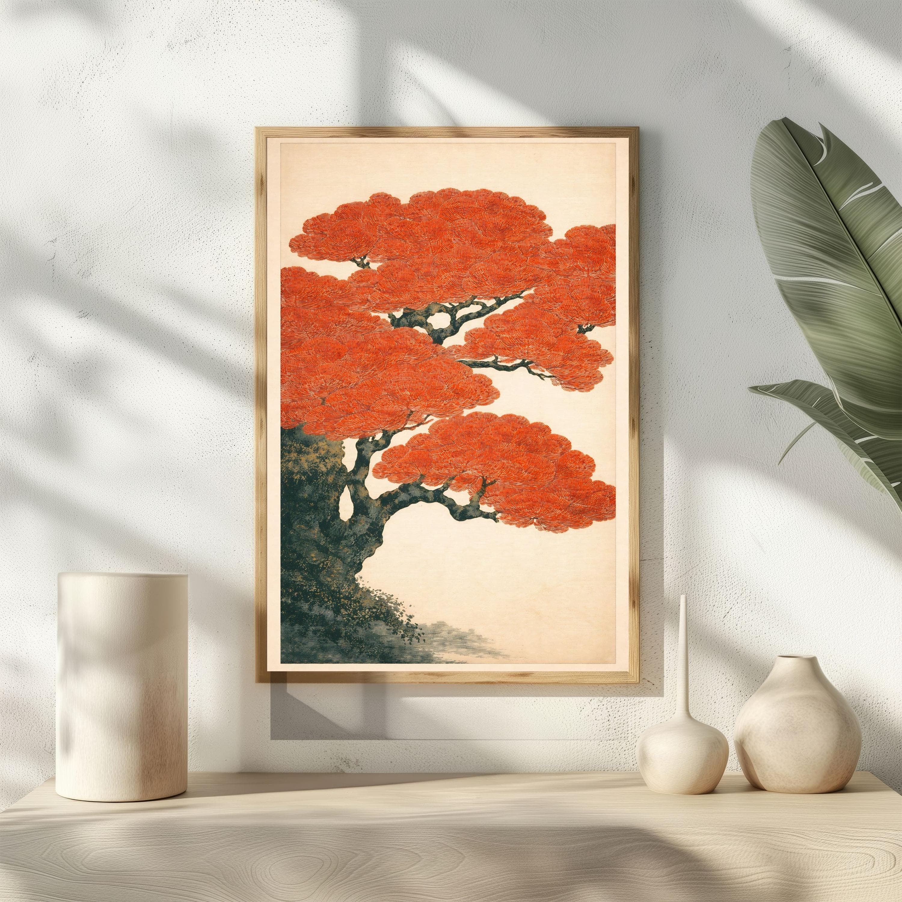Japanese Pine Tree Print, Red Foliage Japandi Wall Art, Shin-hanga Poster