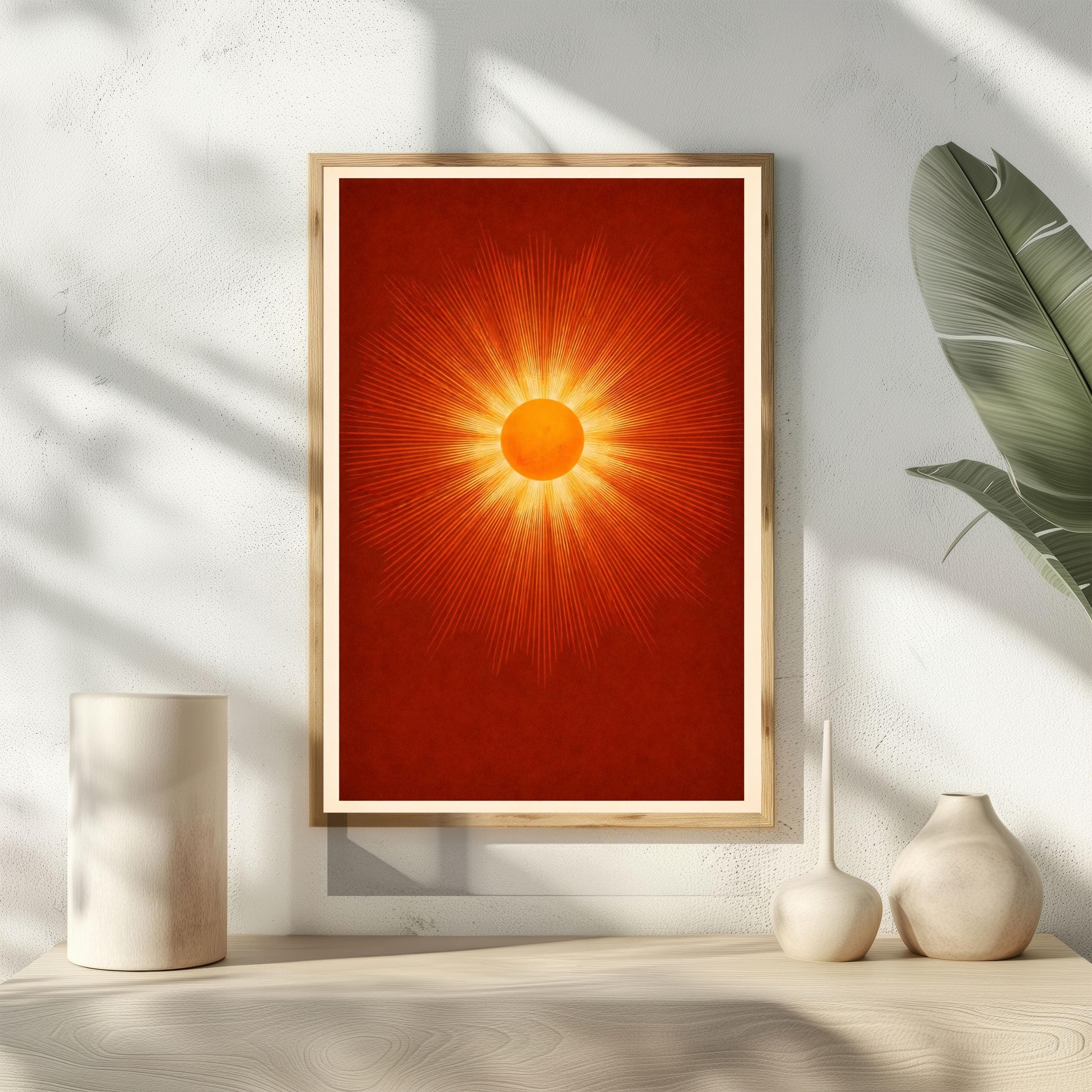 Retro Sunburst Poster, Mid Century Modern Burnt Orange Art, Aura Energy Print