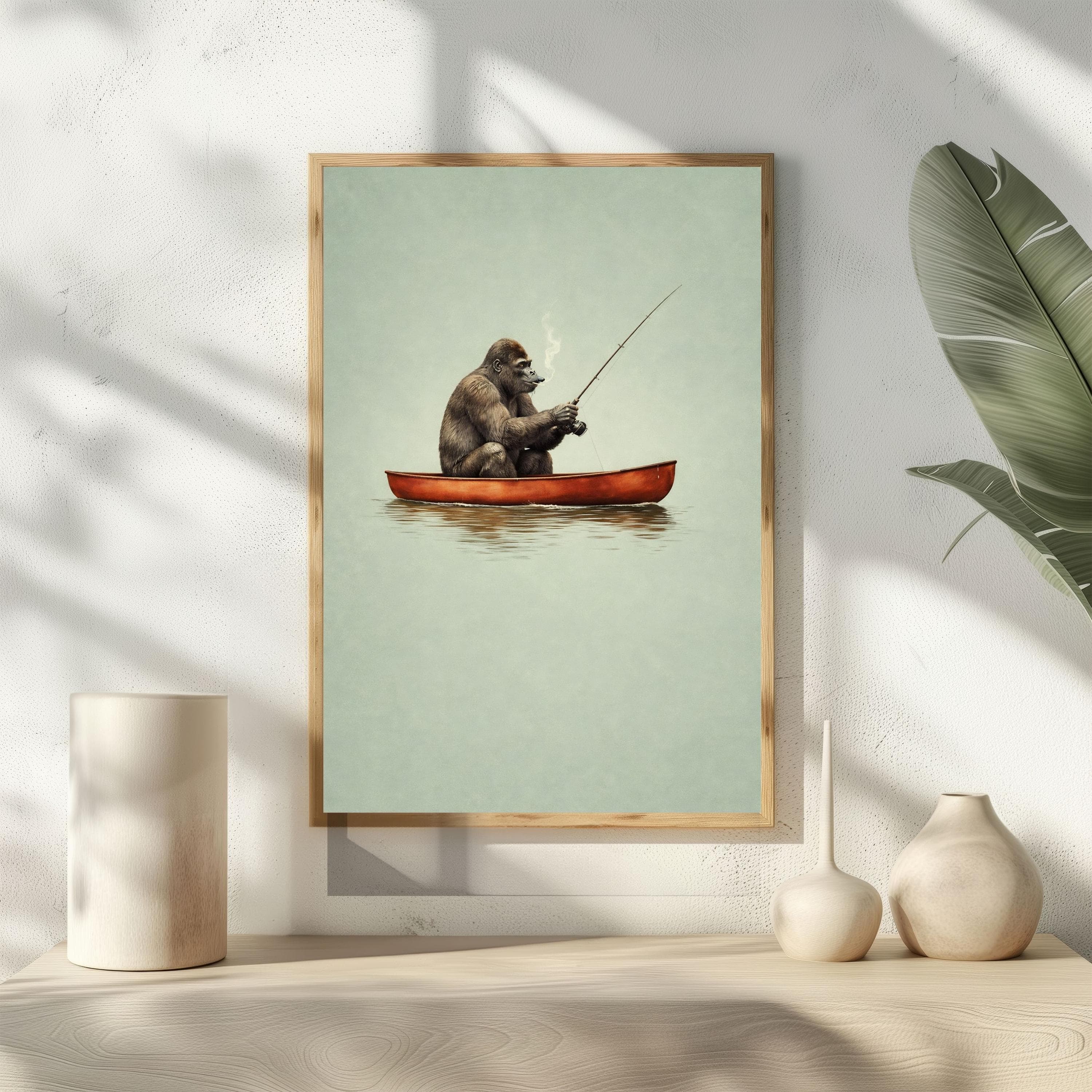 Gorilla Fishing Poster, Whimsical Canoe Print, Smoking Pipe Art, Sage Green