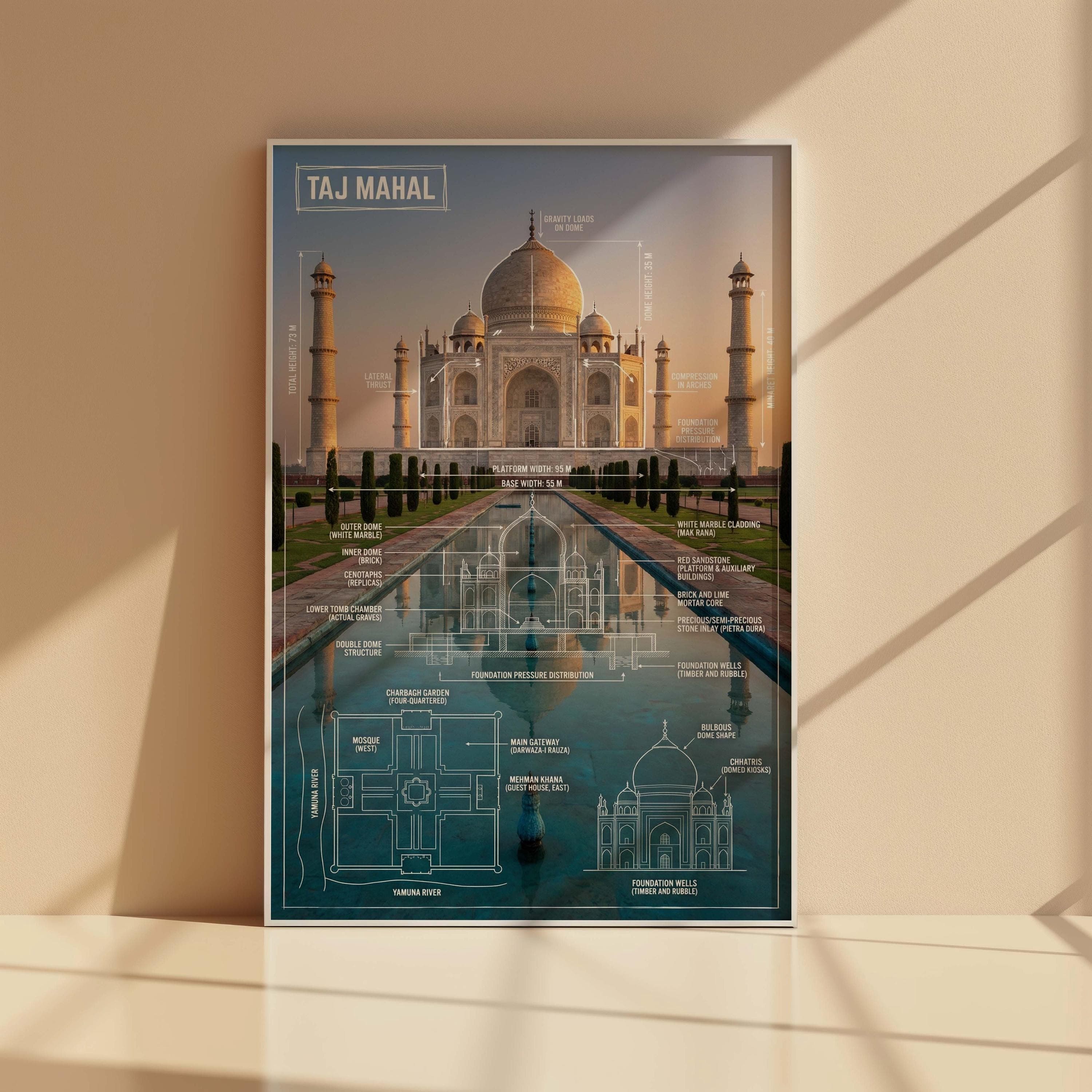 Taj Mahal Architecture Blueprint Poster | Structural Engineering Diagram Print | Mughal Landmark Infographic | Architect Office Wall Art - image 3