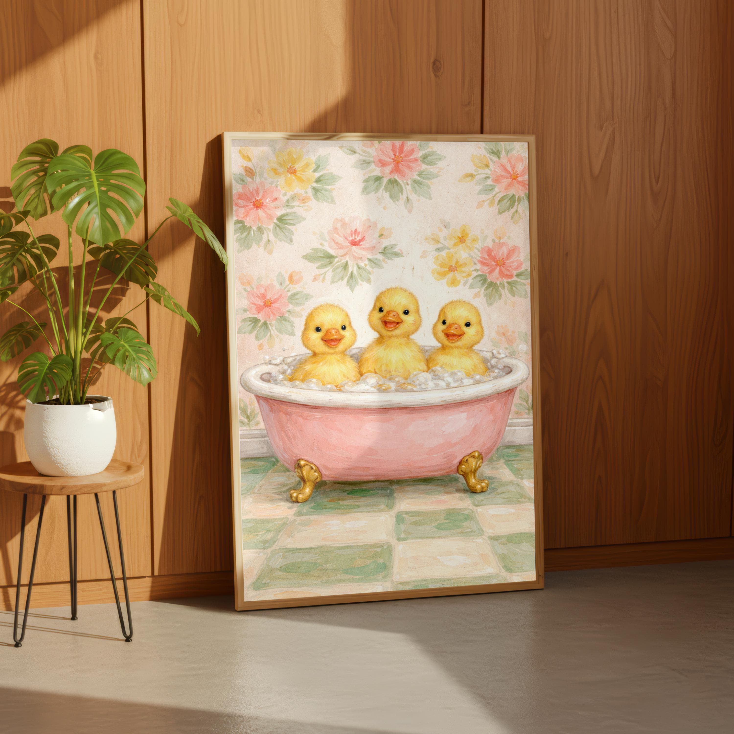 Cute Bathroom Ducks Art, Ducklings In Pink Bathtub, Funny Impressionist Poster - image 5