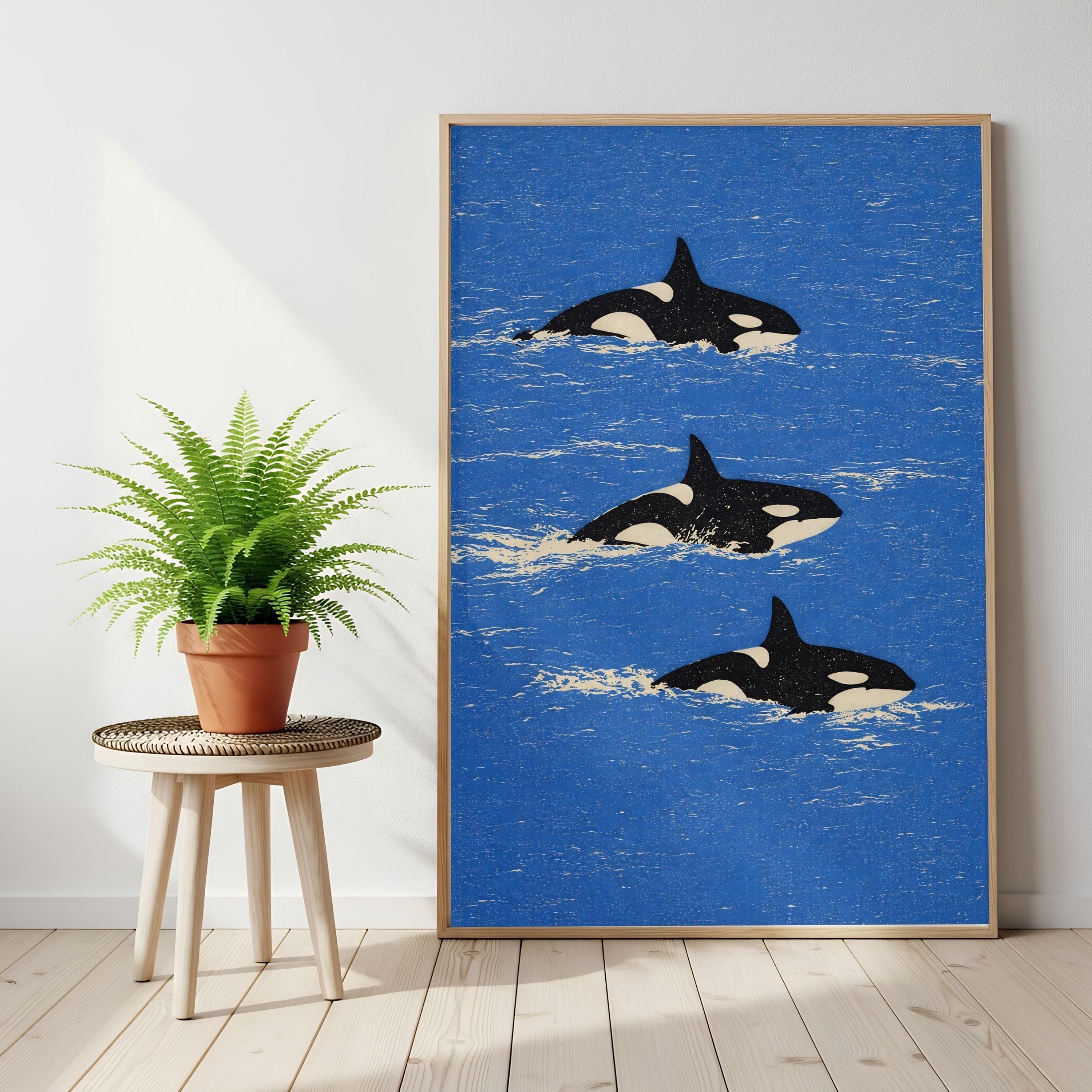 Orca Linocut Print, Coastal Decor Blue Retro Wall Art, Killer Whale Woodblock - image 3