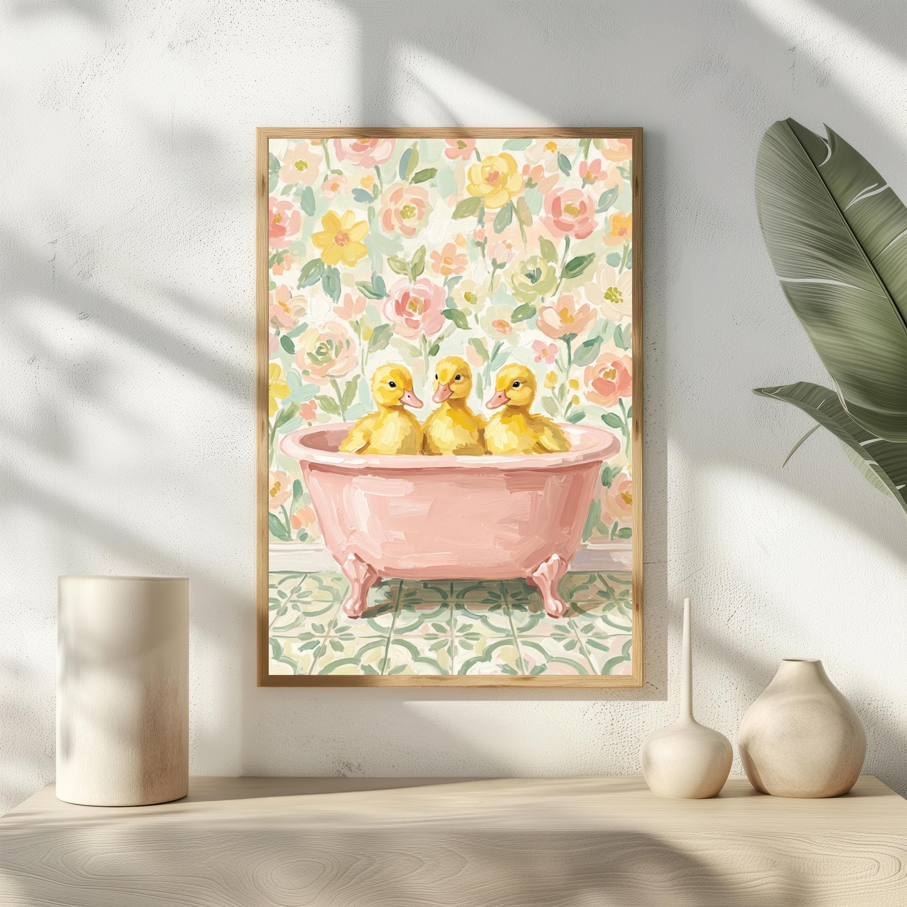 Ducklings In Pink Bathtub Print, Impressionist Bathroom Art, Funny Duck Poster