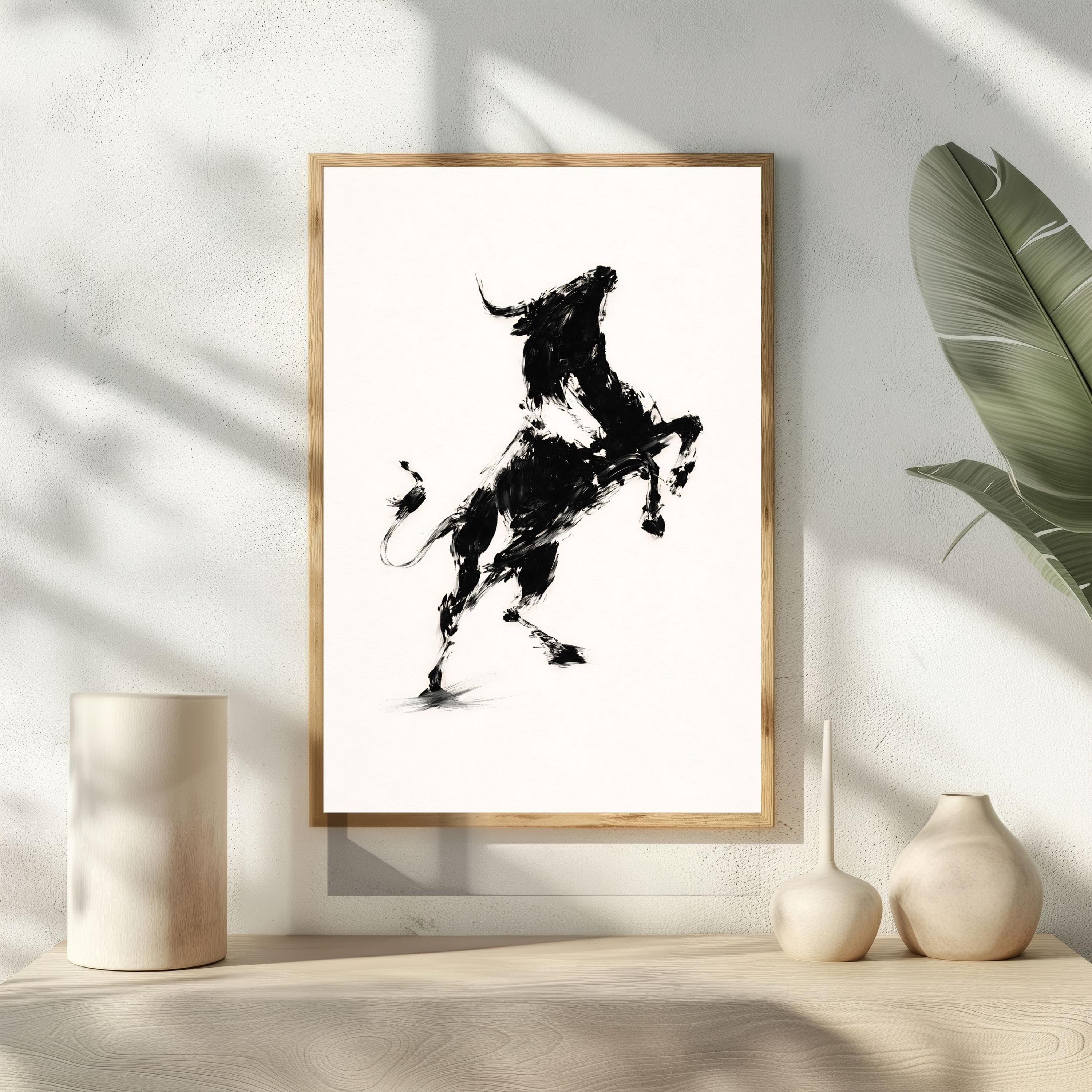 Sumi e Bull Poster, Ink Wash Wall Art, Minimalist Western Decor, Rearing Bull