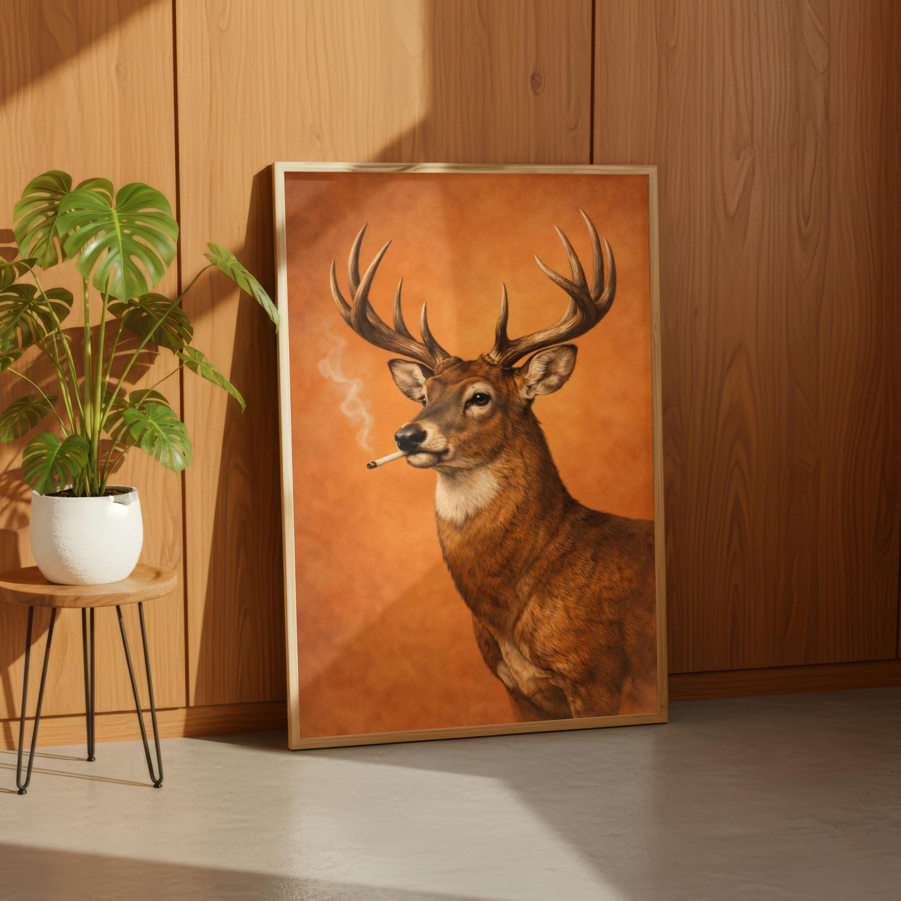 Smoking Stag Poster, Vintage Deer Print, Funny Man Cave Decor, Weirdcore Wall Art - image 4