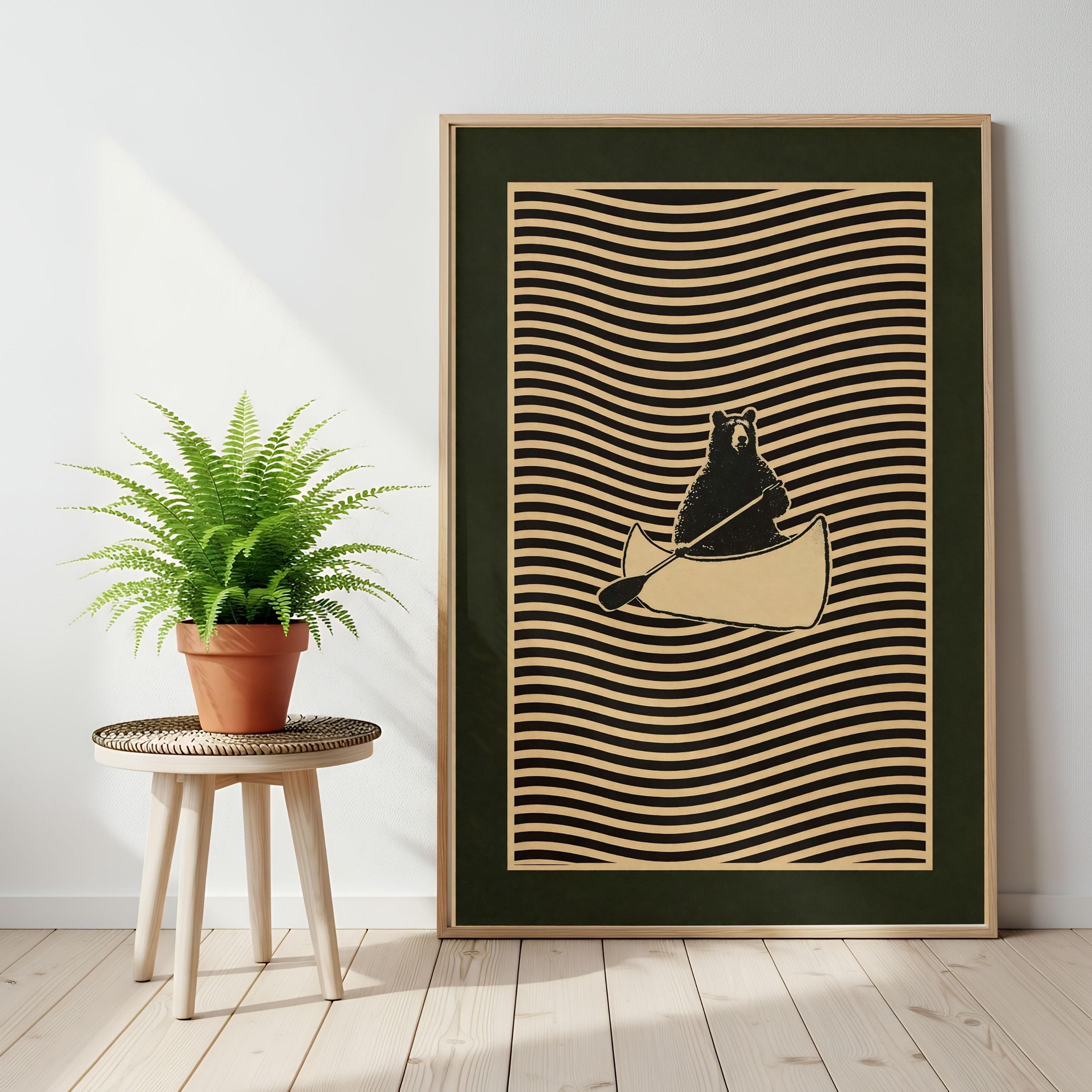 Linocut Bear Print, Canoe Surrealist Wall Art, Dark Green Border Poster - image 3