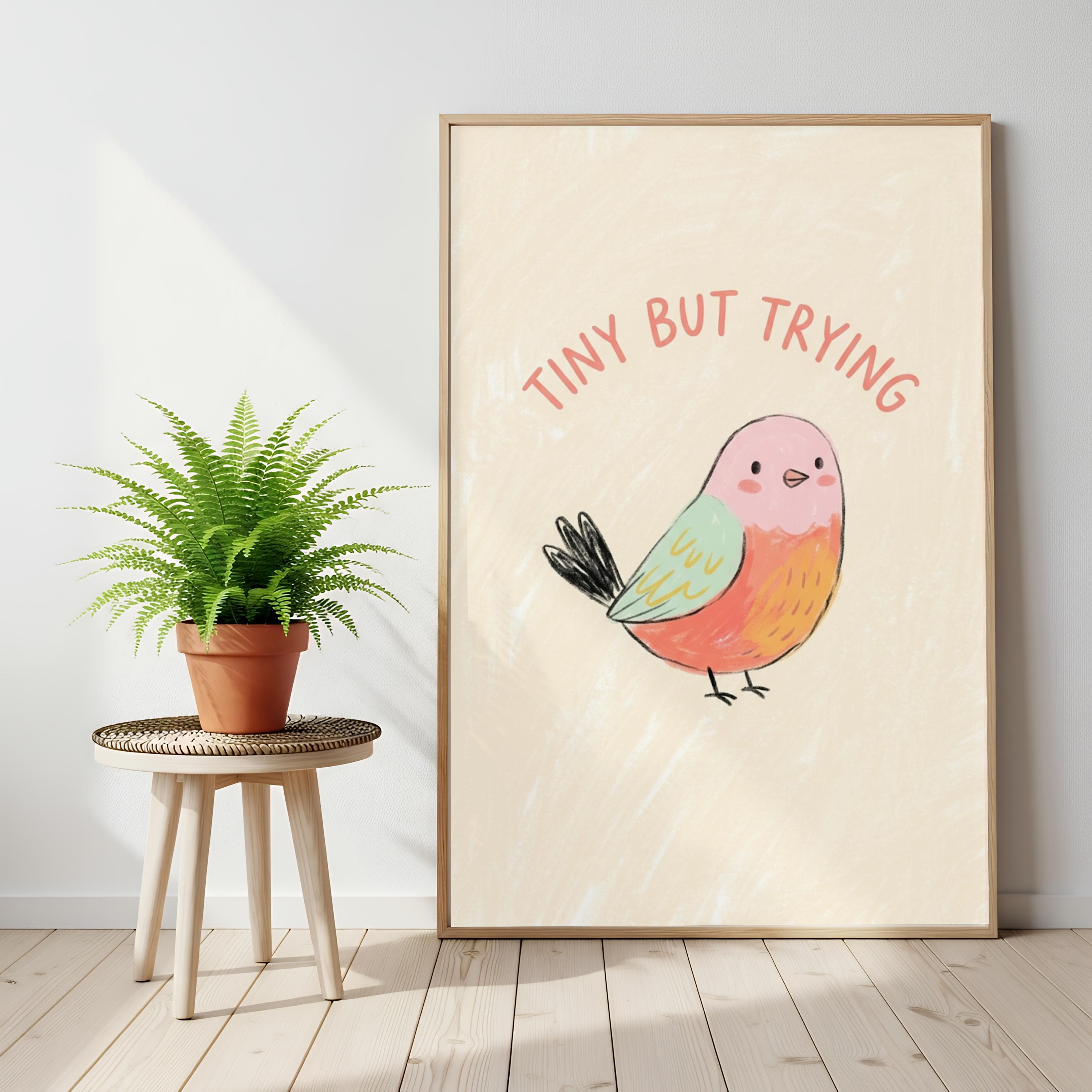 Tiny But Trying Print, Funny Motivational Poster, Cute Bird Nursery Kawaii Decor - image 3