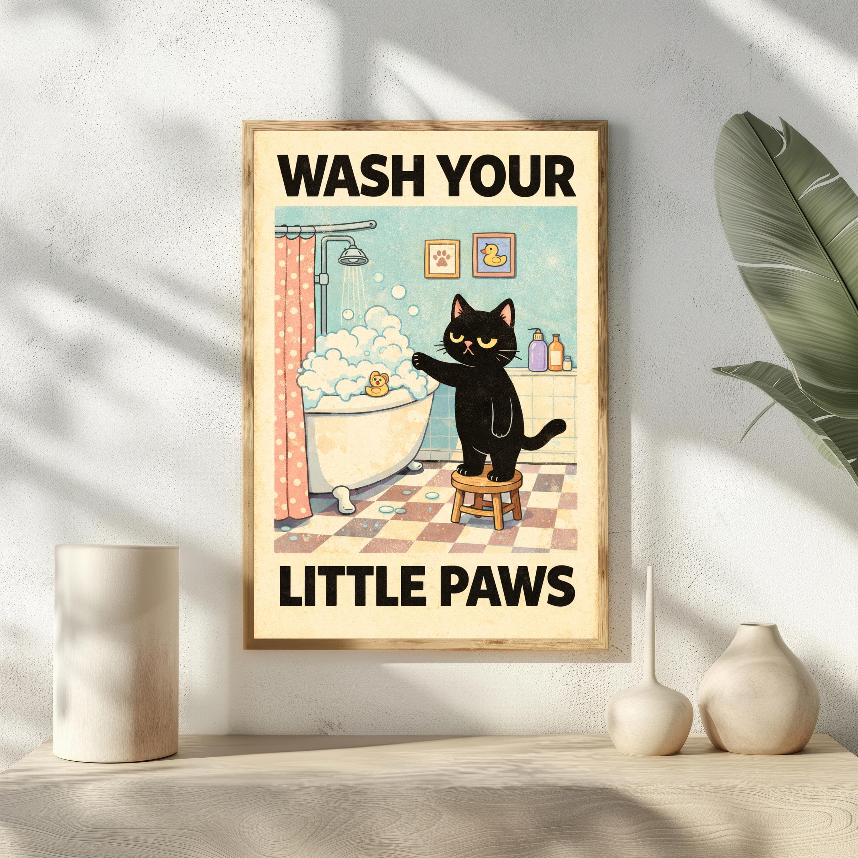 Wash Your Little Paws Print, Funny Black Cat Bathroom Wall Art, Retro Comic Poster