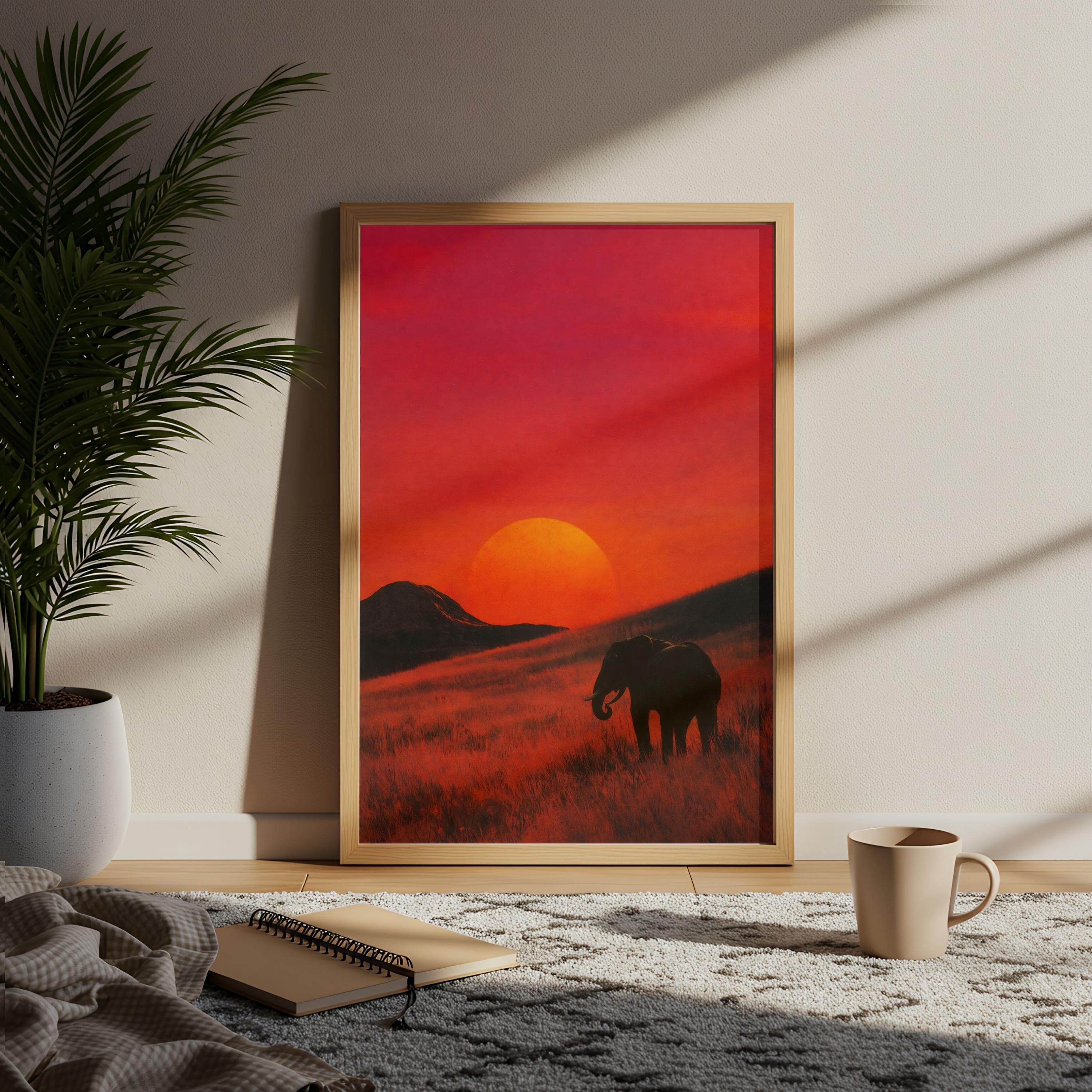 Elephant Sunset Silhouette, African Safari Wall Art, Retro Red Orange Poster - image 5