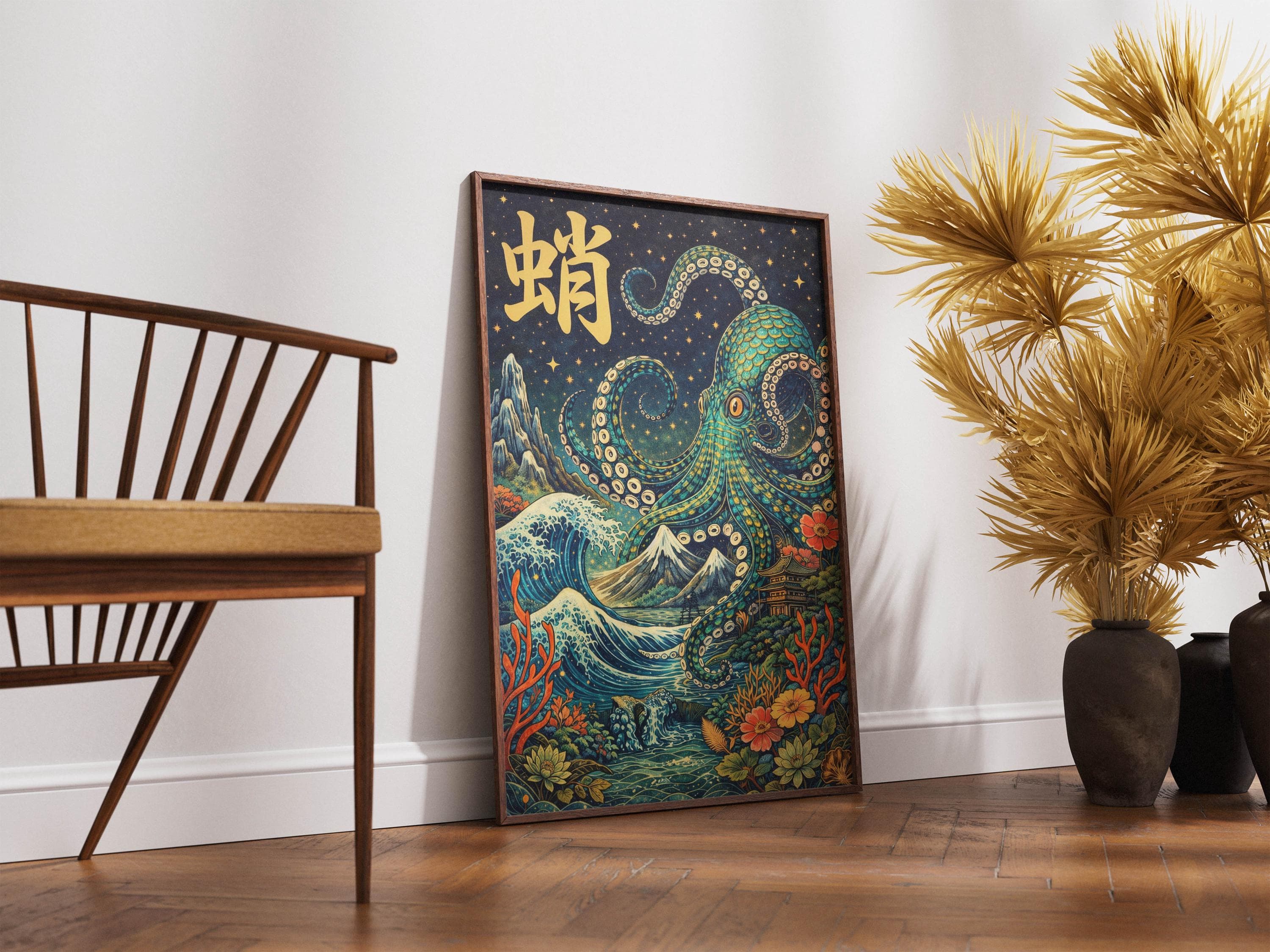 Celestial Octopus Art Print, Teal Ukiyo-e Sea Monster Poster, Starry Night Mount Fuji Decor - image 5