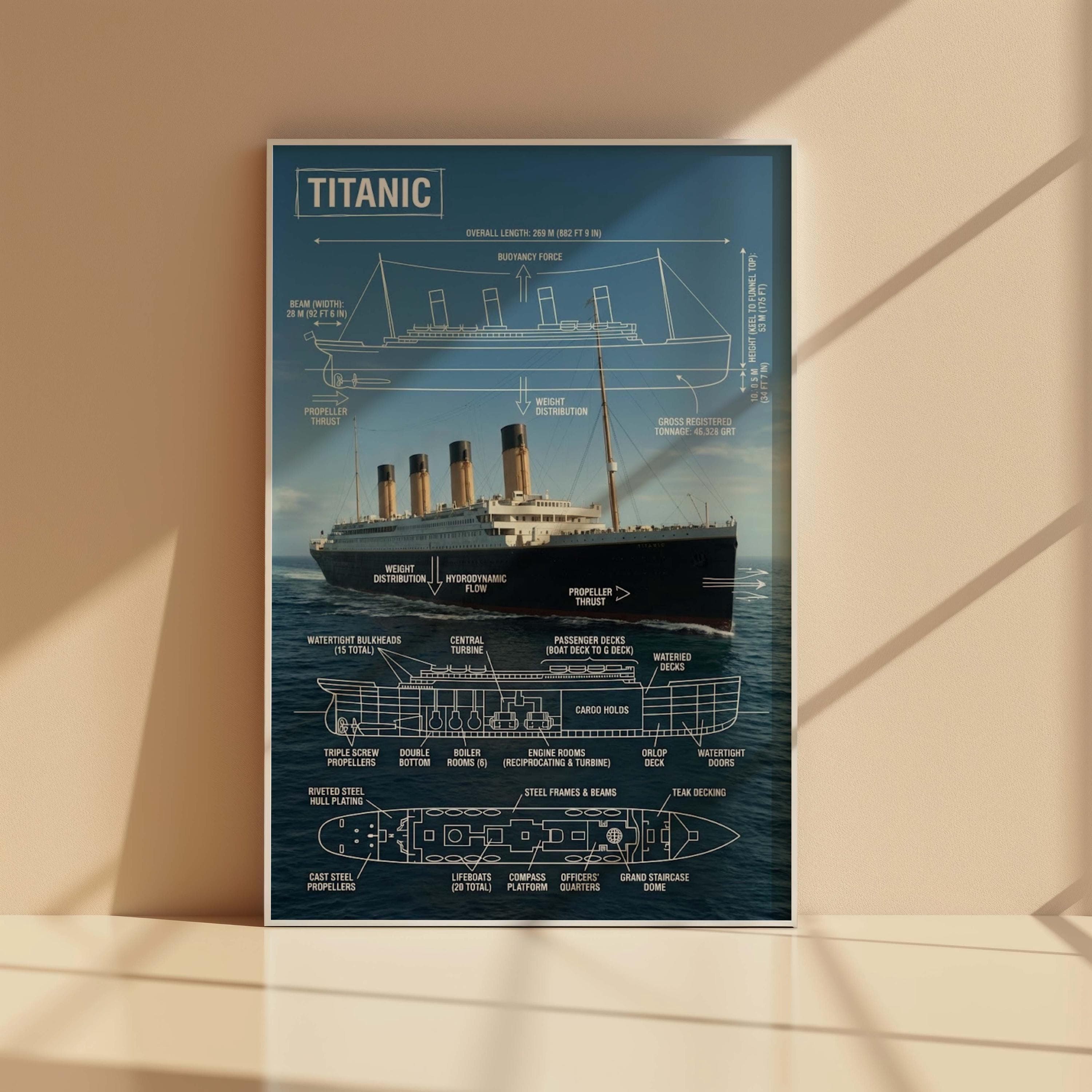 Titanic Ship Diagram Wall Art, RMS Titanic Infographic Poster, Naval Architecture Print, Maritime Engineering Decor, Modern Ship Blueprint - image 3