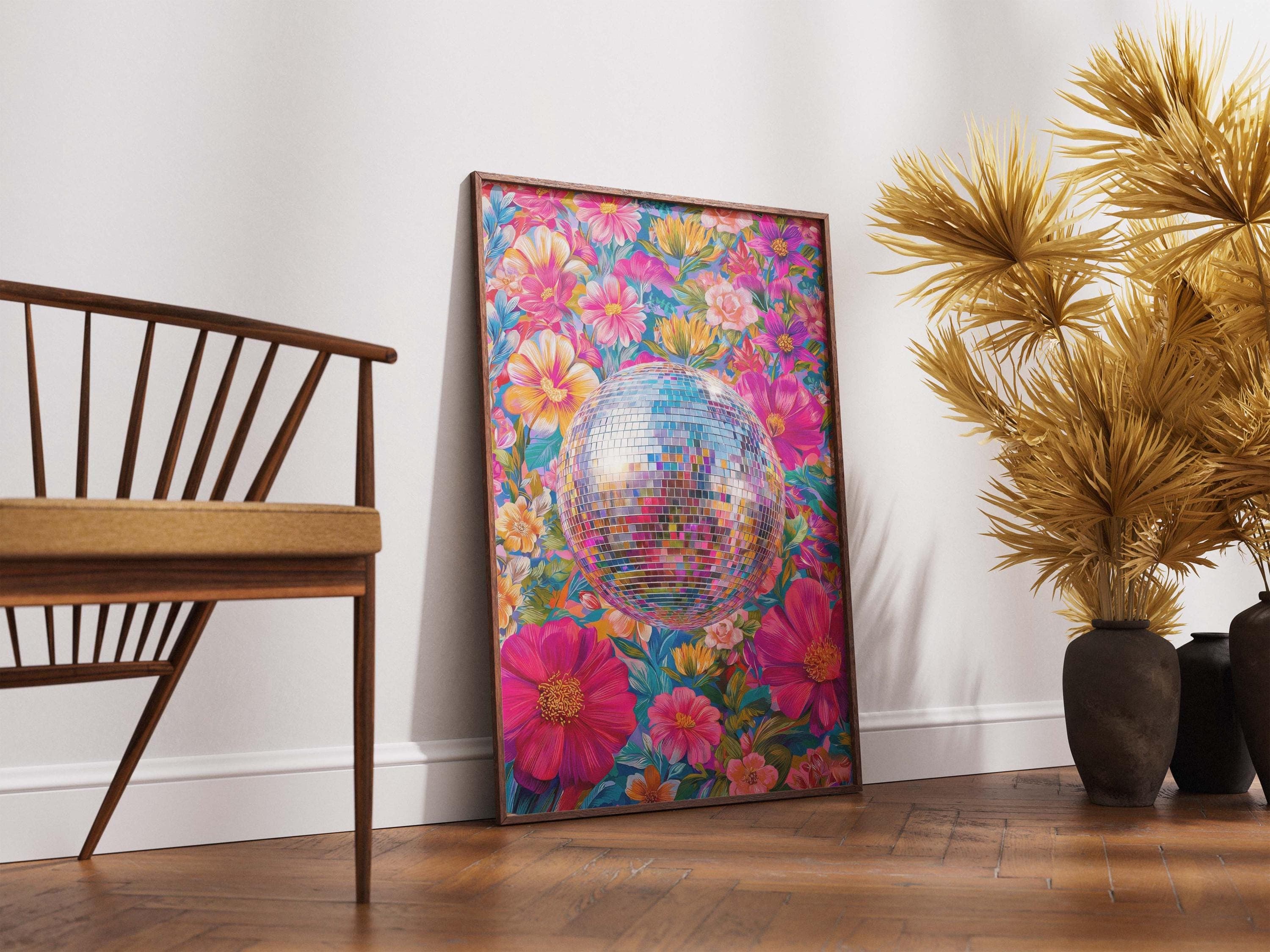 Disco Ball Poster, Maximalist Floral Wall Art, Hot Pink Dopamine Decor, 70s Print - image 5