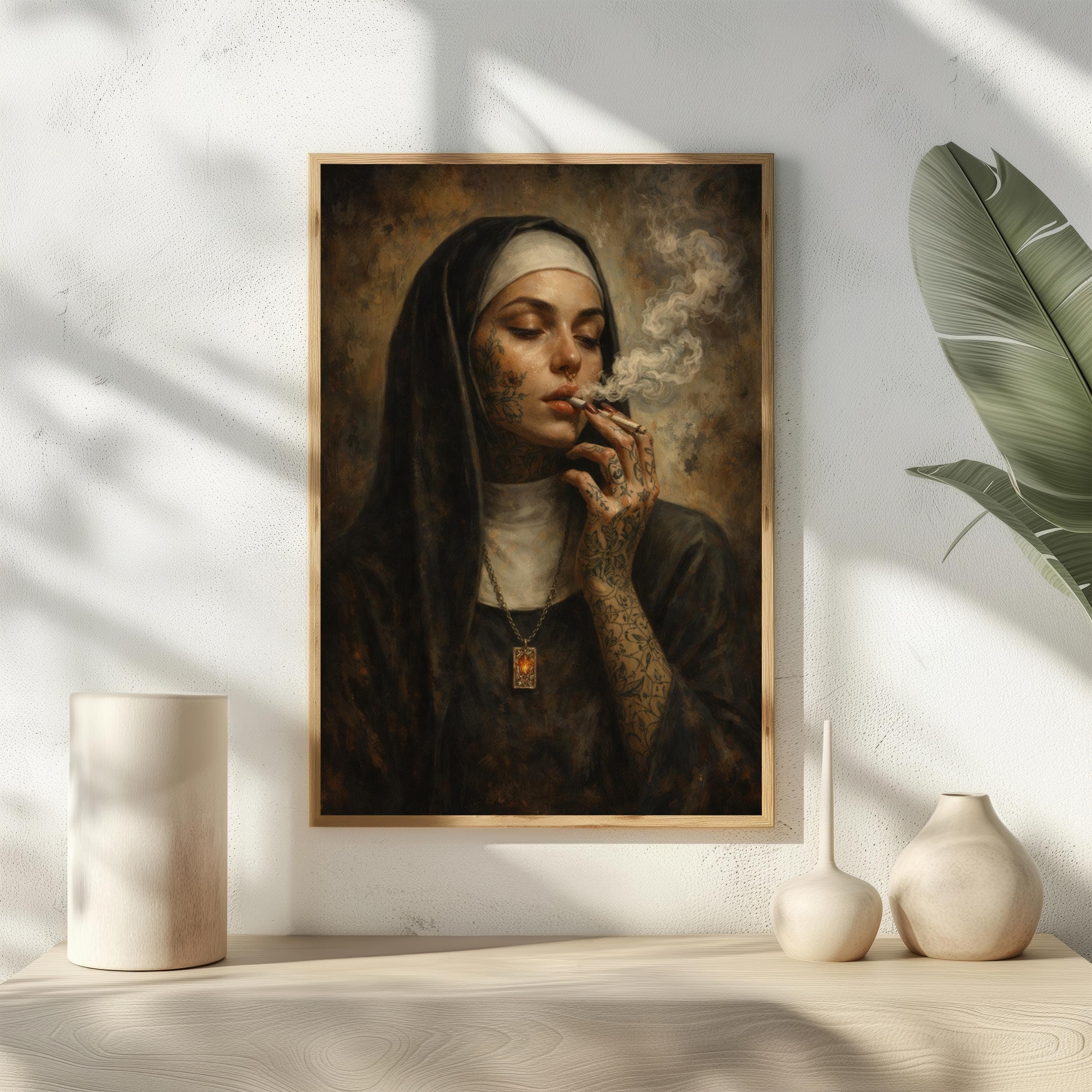 Tattooed Nun Smoking Print, Dark Academia Wall Art, Edgy Religious Poster, Gothic Oil Painting, Rebel Nun Portrait, Alternative Home Decor
