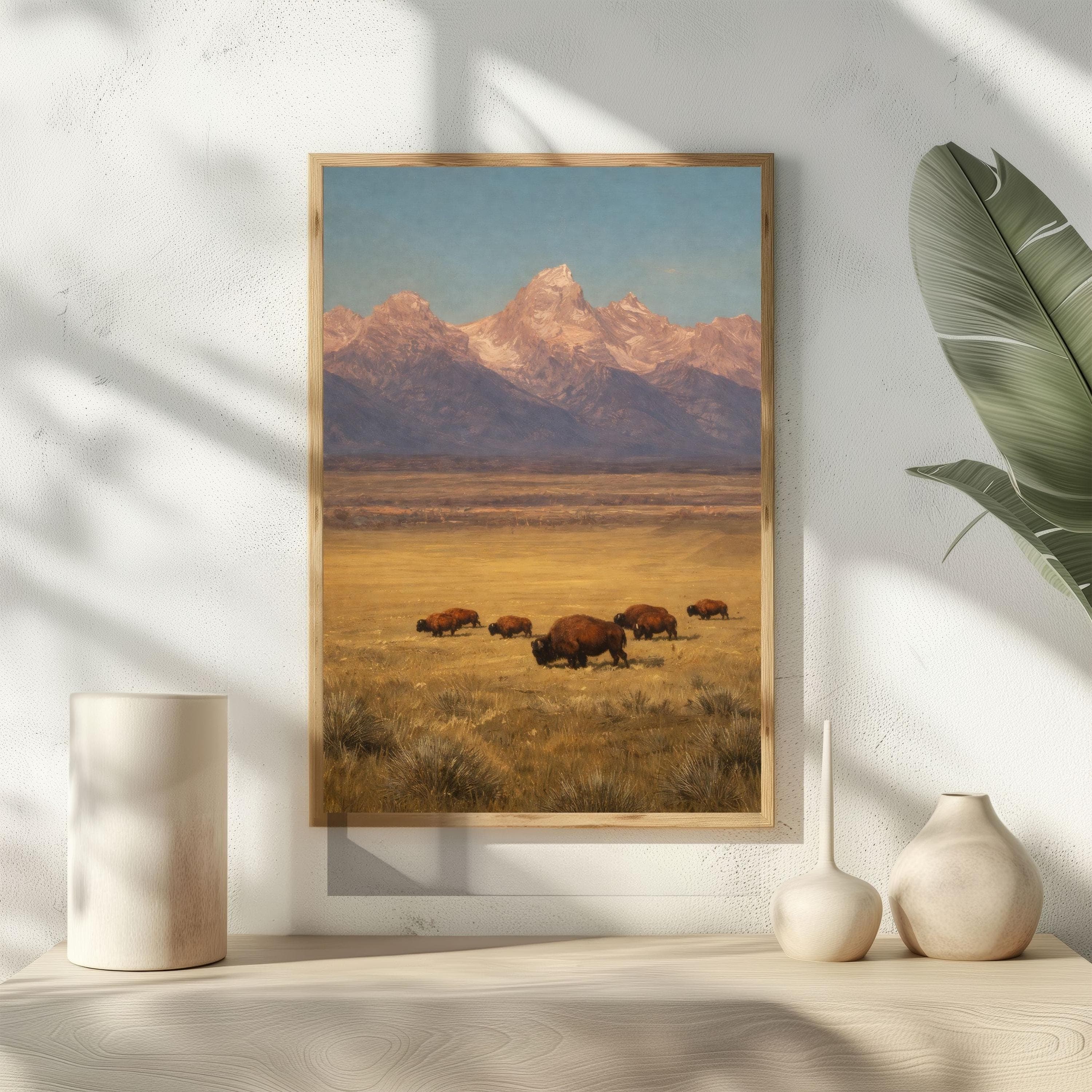 Vintage Western Bison Poster, Grand Teton Oil Painting, Prairie Landscape Art