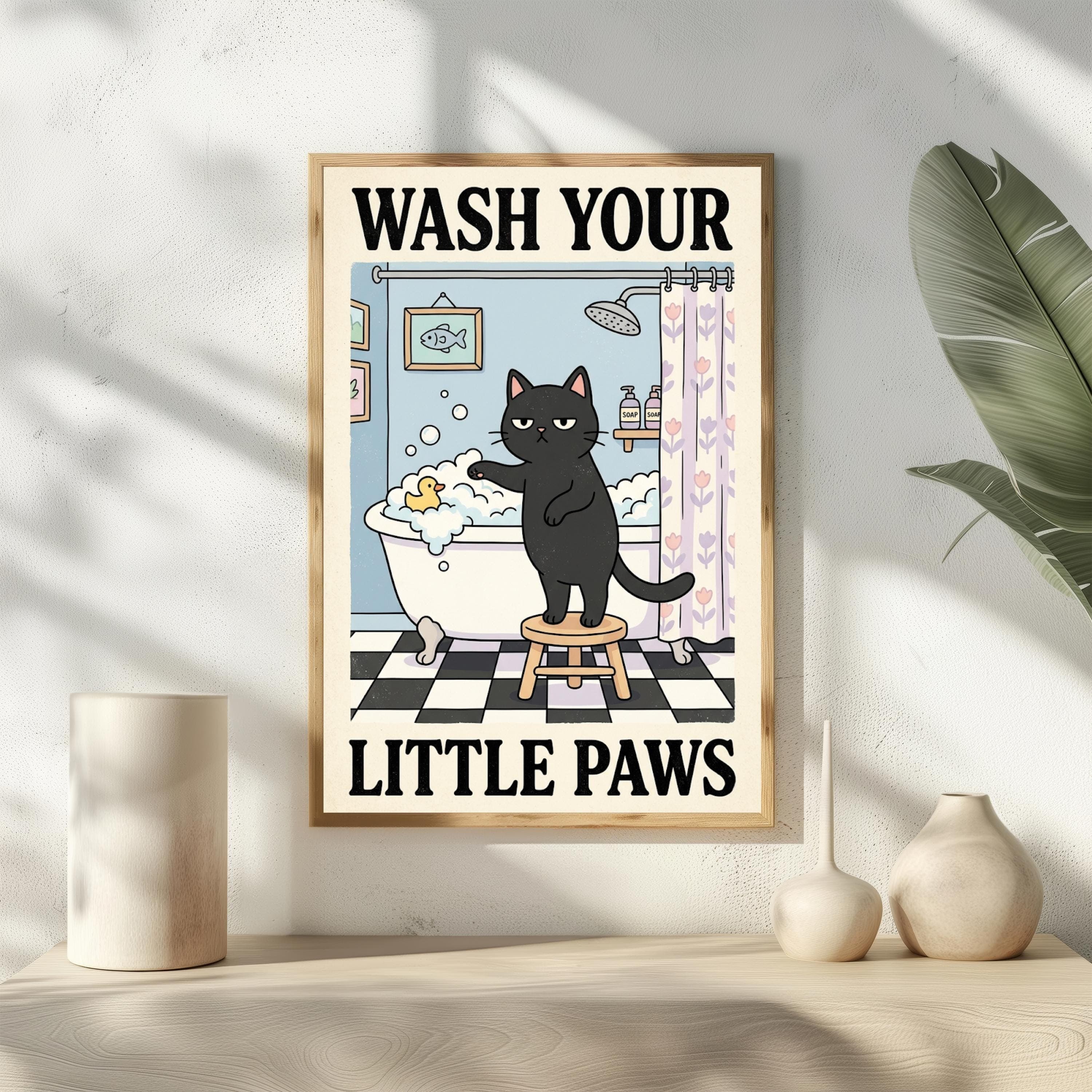 Wash Your Little Paws Print, Funny Black Cat Bathroom Wall Art, Retro Comic Poster
