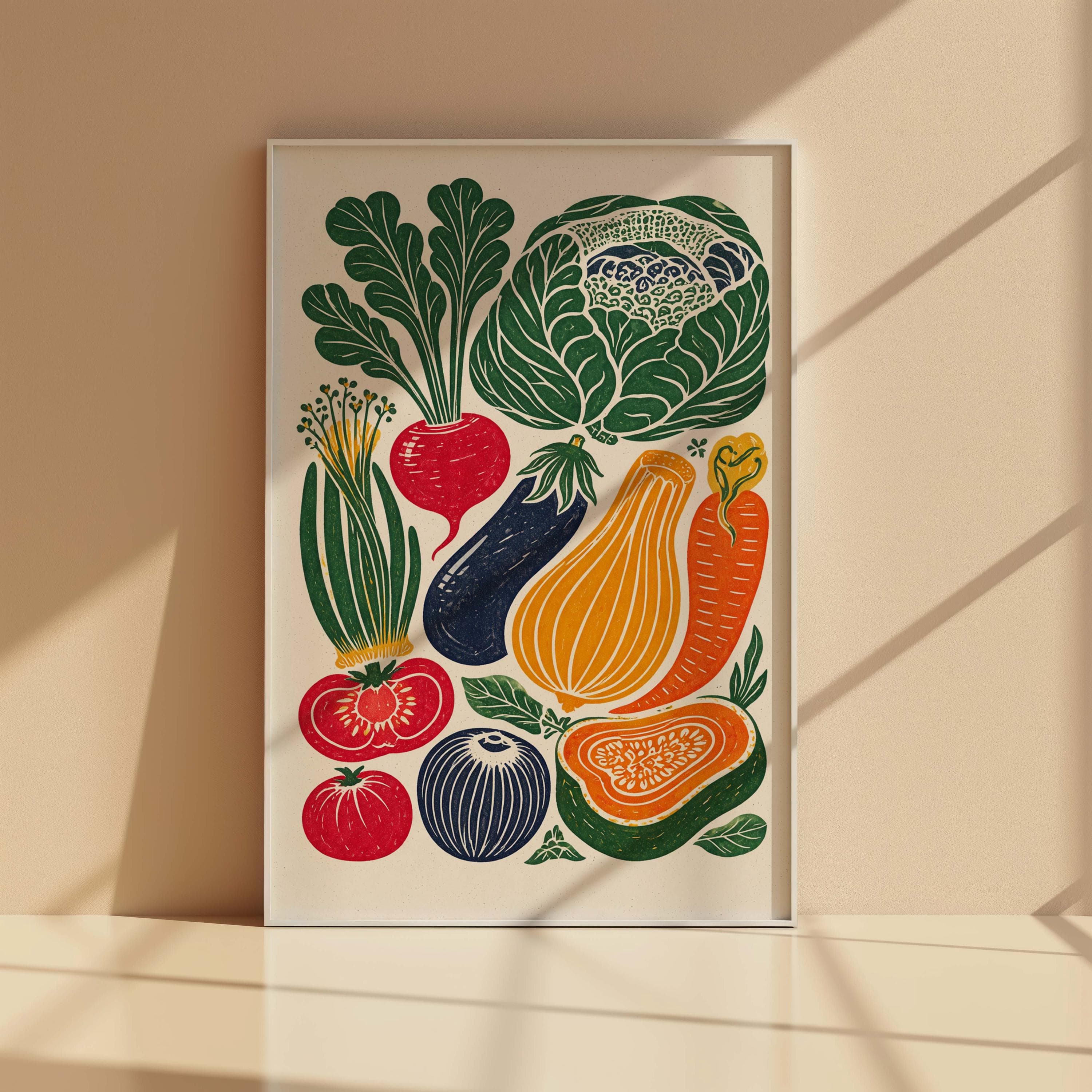 Vegetable Kitchen Wall Art | Linocut Style Farmers Market Print | Colorful Veggie Poster | Rustic Farmhouse Decor | Vegan Foodie Gift - image 3