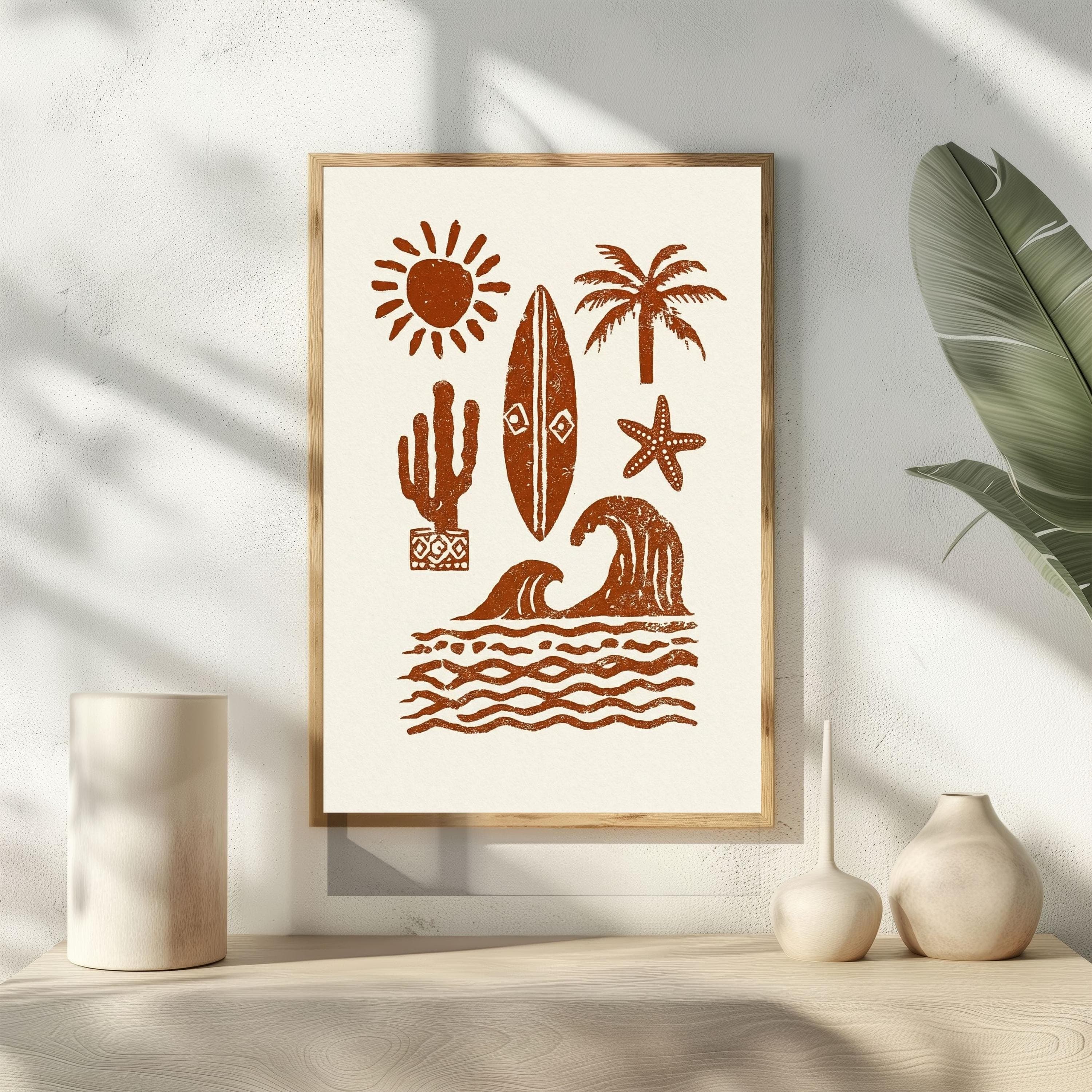 Surfboard Art Print, Terracotta Coastal Linocut, Cactus and Wave Poster