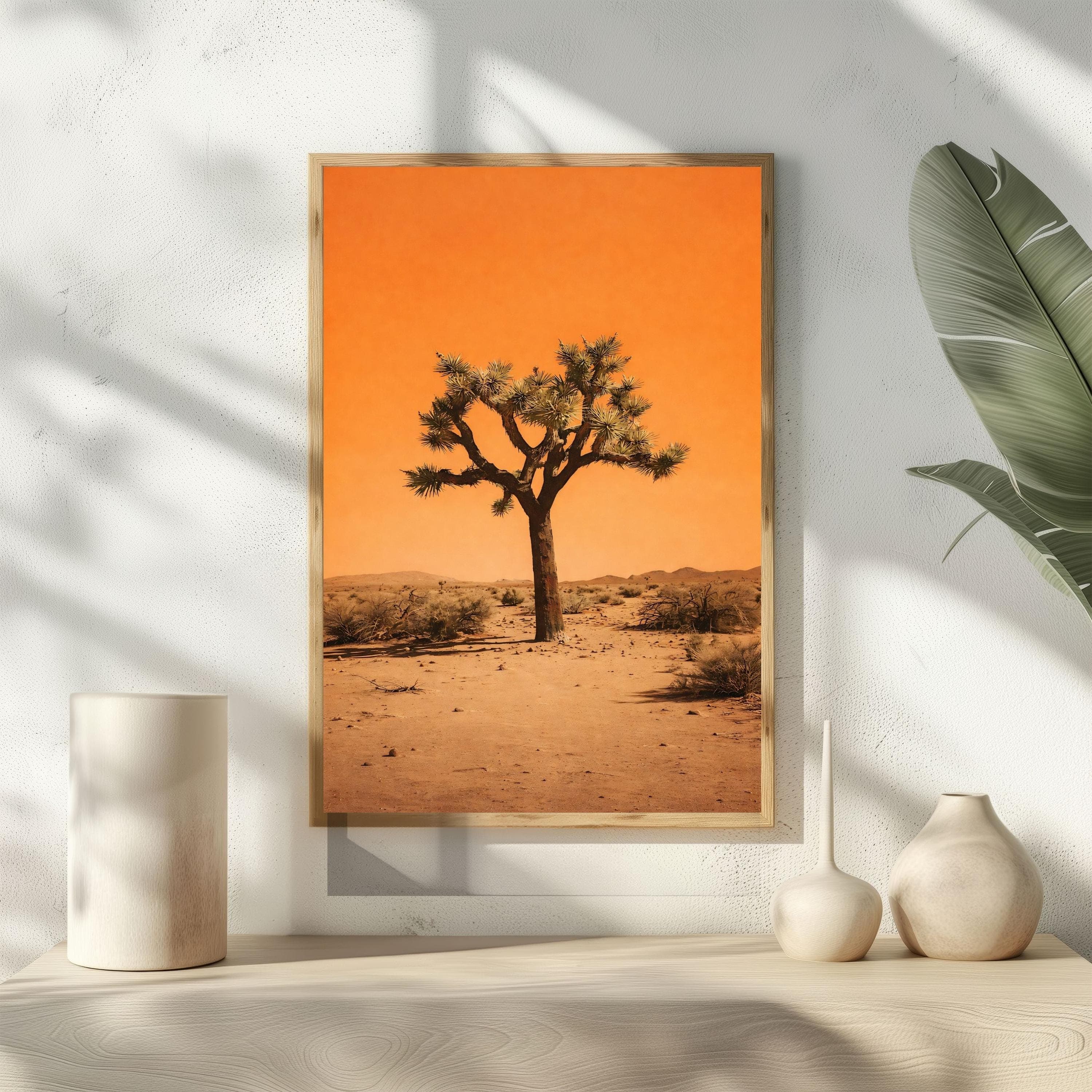 Joshua Tree Poster, Orange Sky Desert Photography, Minimalist Nature Print