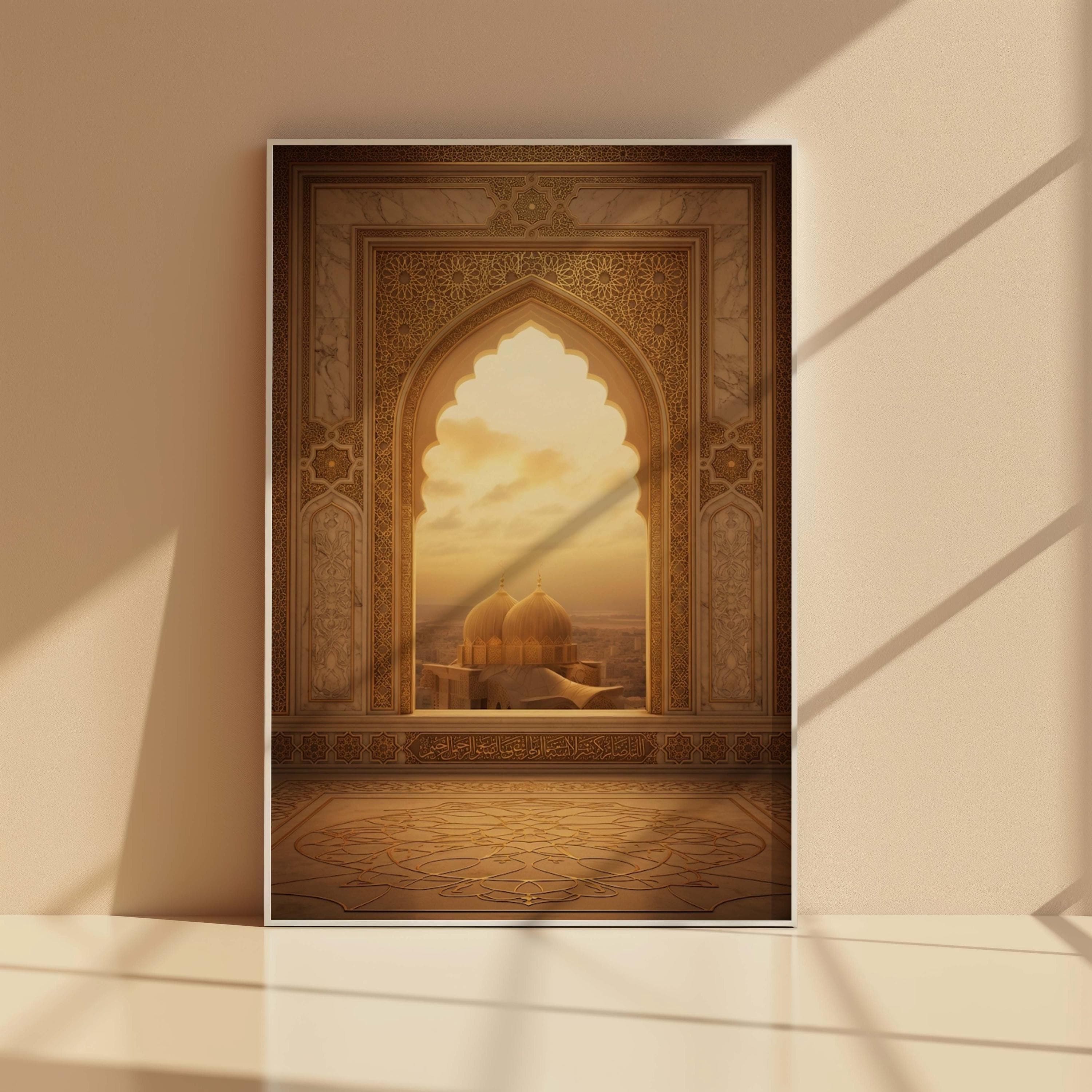 Islamic Mosque Archway Print, Golden Sunset Dome View, Arabic Architecture Art - image 3
