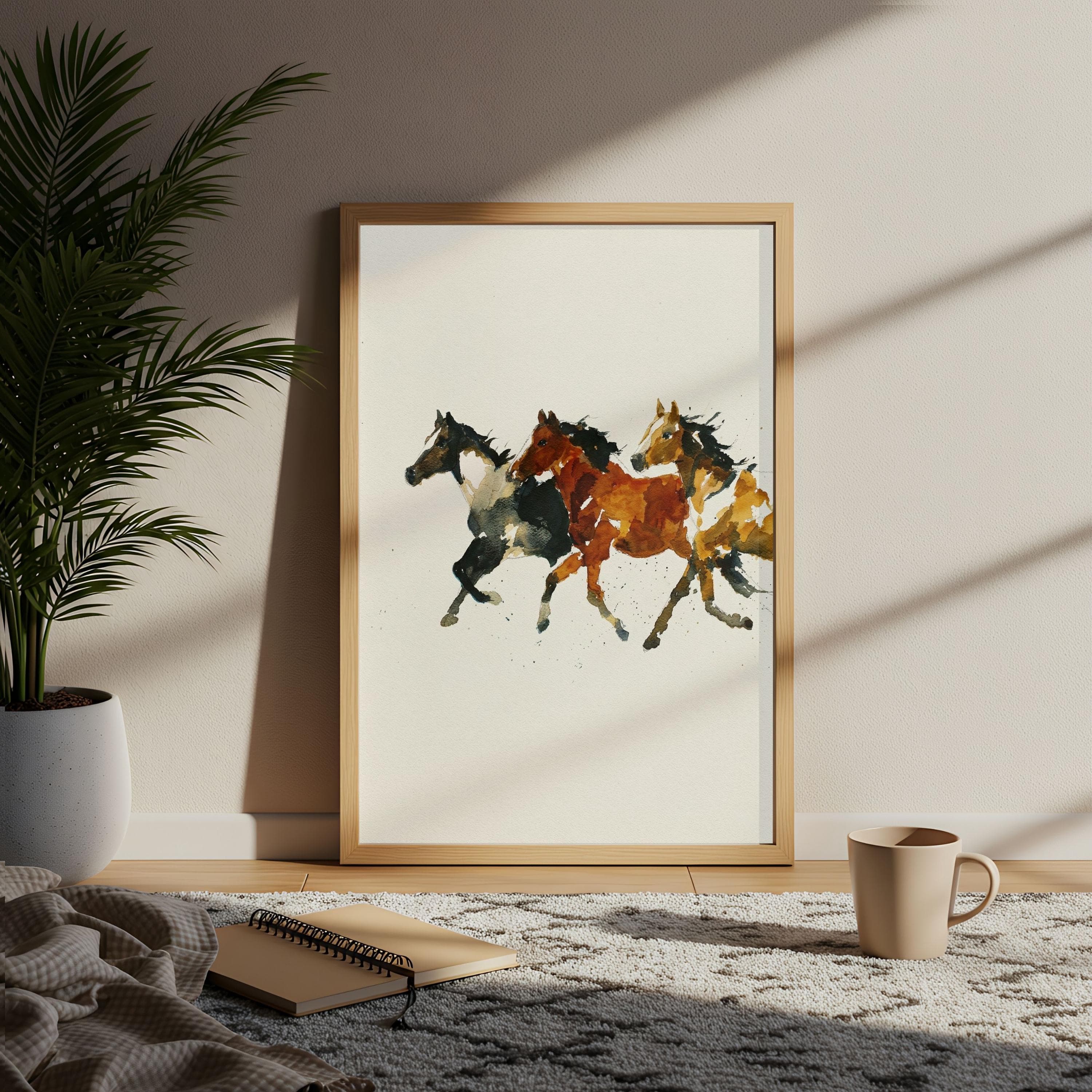 Minimalist Horse Watercolor Print, Modern Farmhouse Equestrian Art, Running Horses - image 5