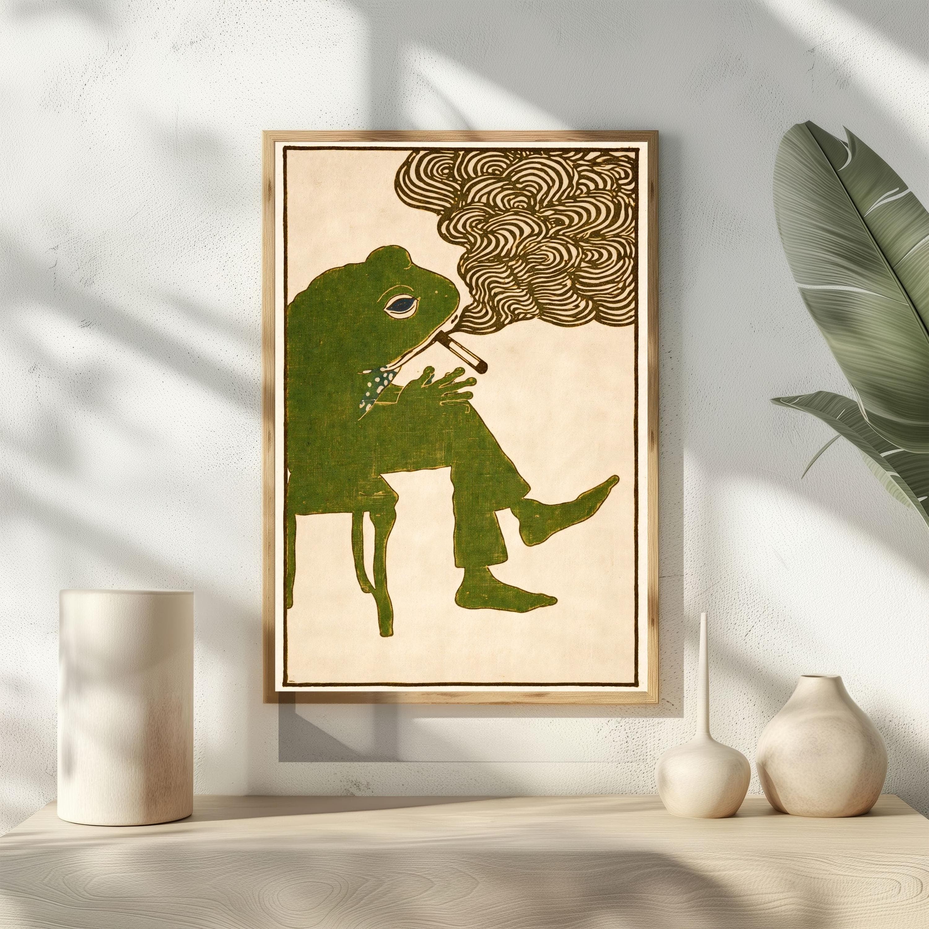 Smoking Frog Poster, Matsumoto Hoji Print, Japanese Woodblock Art, Weirdcore Toad