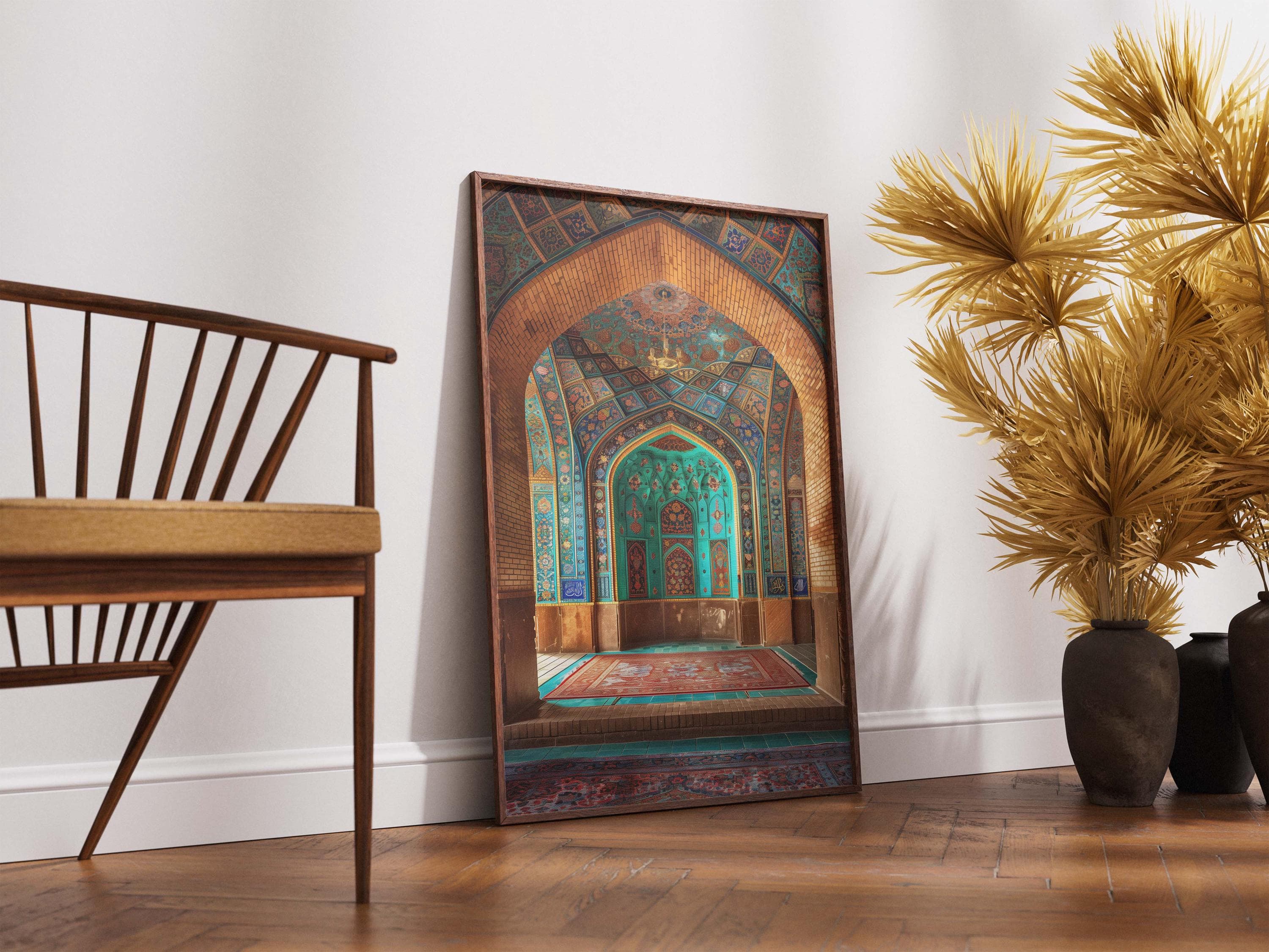 Islamic Prayer Room Wall Art | Turquoise Mihrab Arch Interior | Mosque Architecture Photography Print with Prayer Rug Decor - image 4