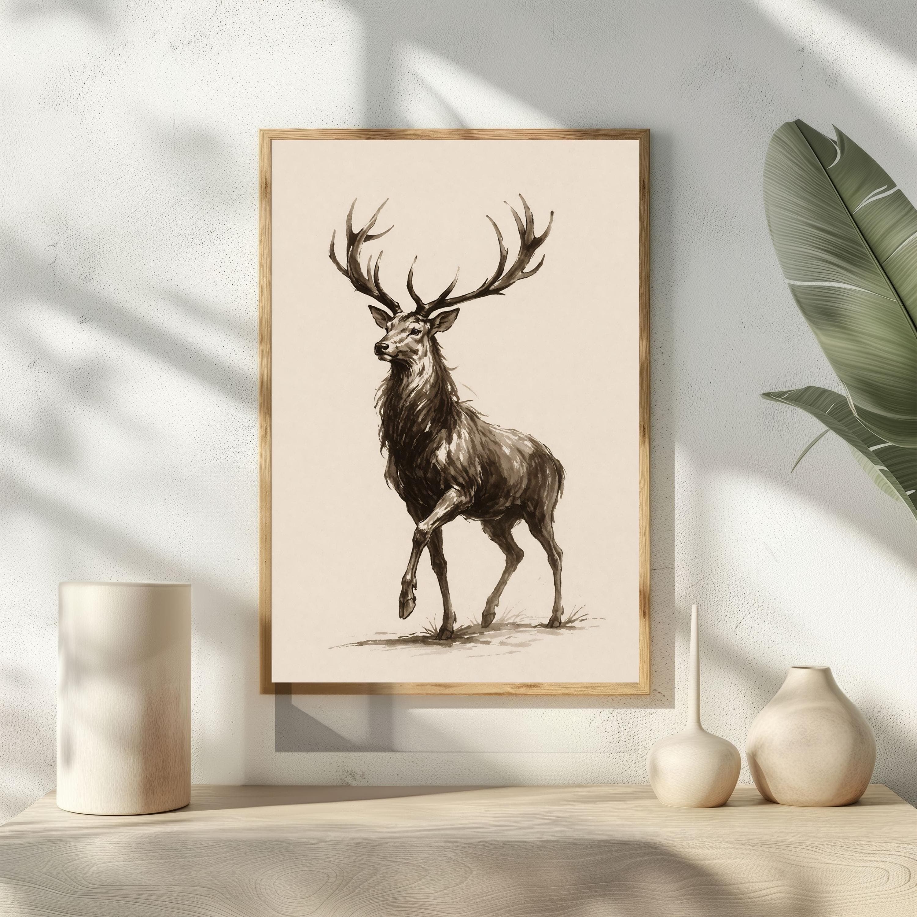 Vintage Stag Drawing, Rustic Cabin Decor, Elk Poster, Sepia Deer Wall Art Sketch