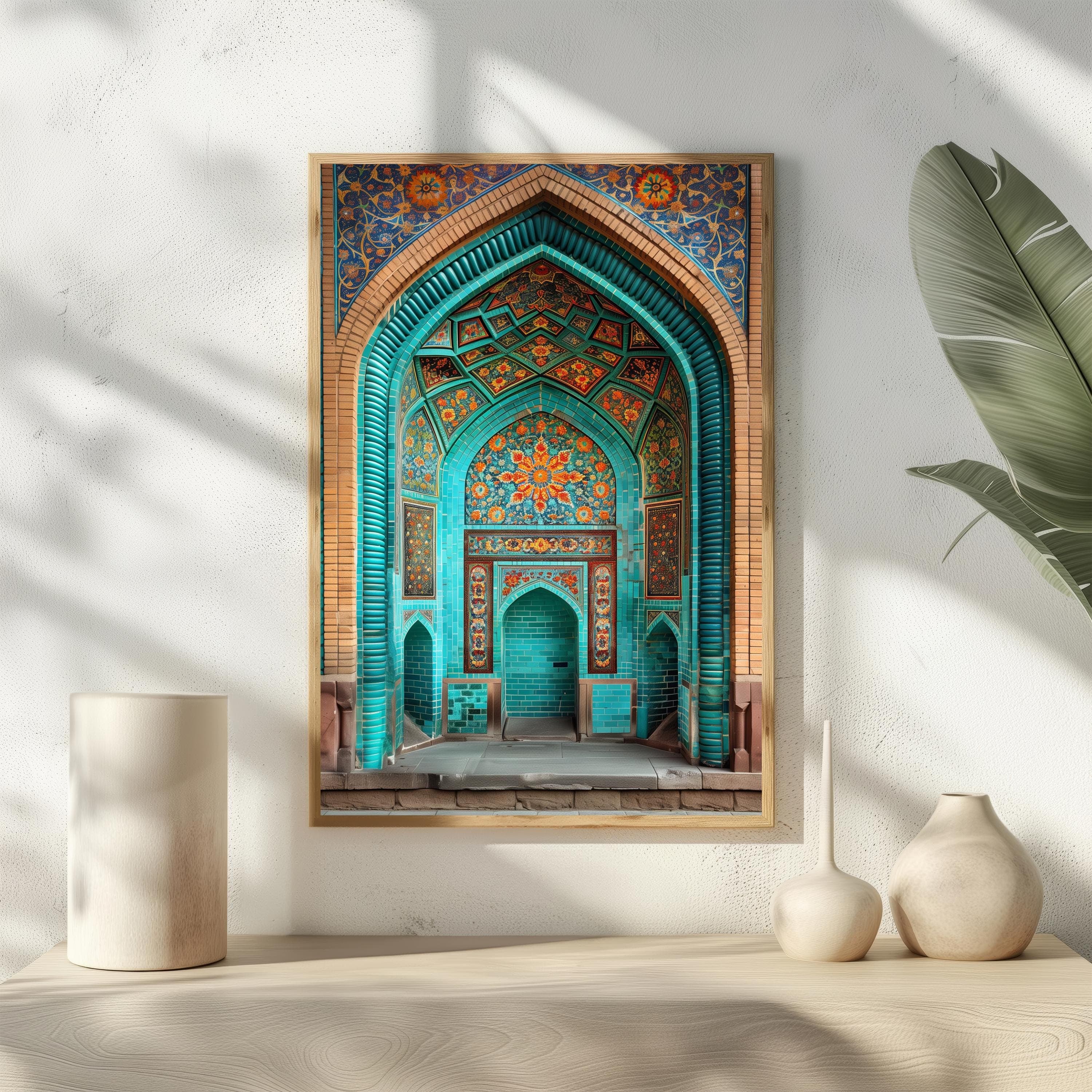 Turquoise Persian Mihrab Wall Art, Isfahan Mosque Architecture Print, Teal & Brick Prayer Niche Poster, Boho Spiritual Home Decor