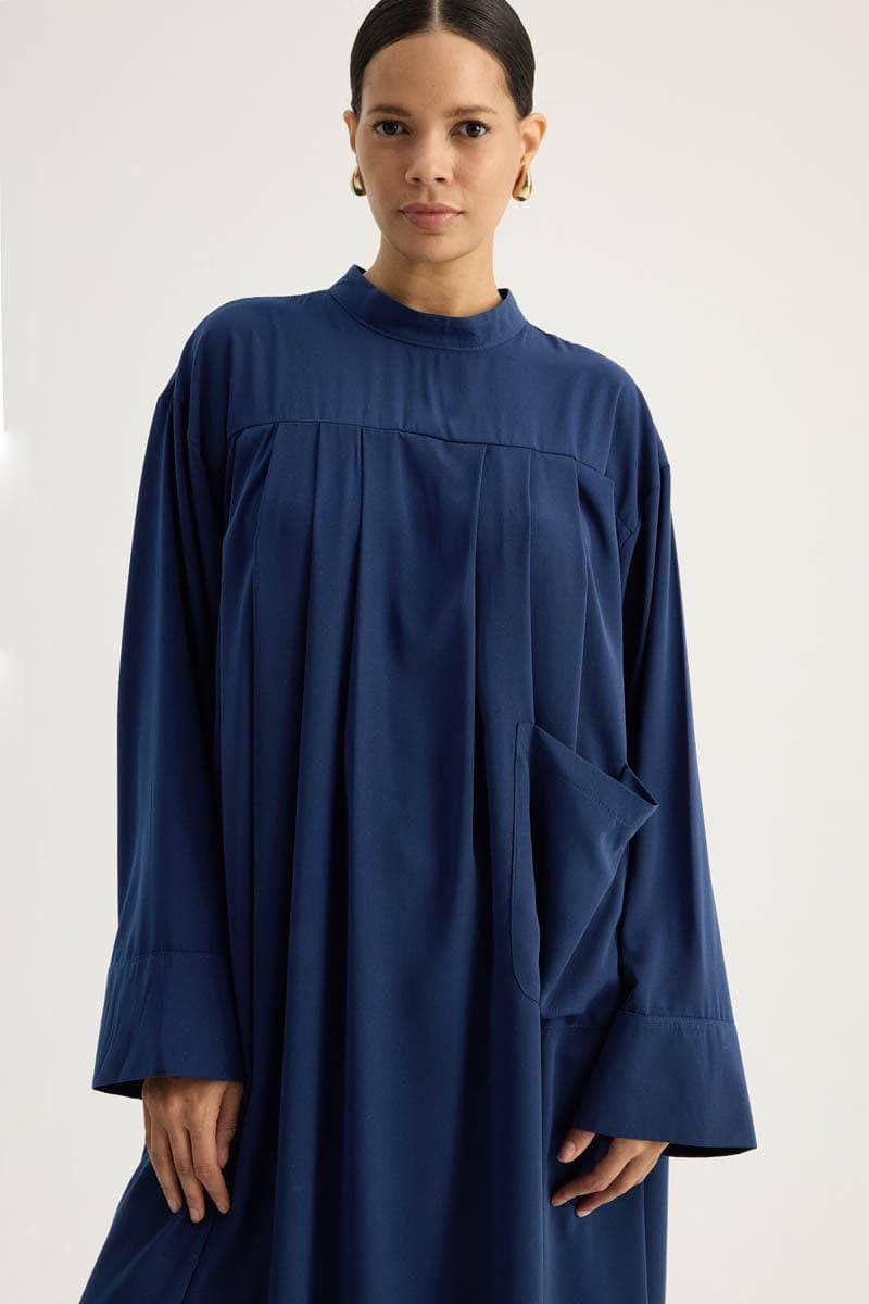 Navy Blue Modest Two Piece Set - Pleated Long Tunic with Wide Leg Pants - image 3