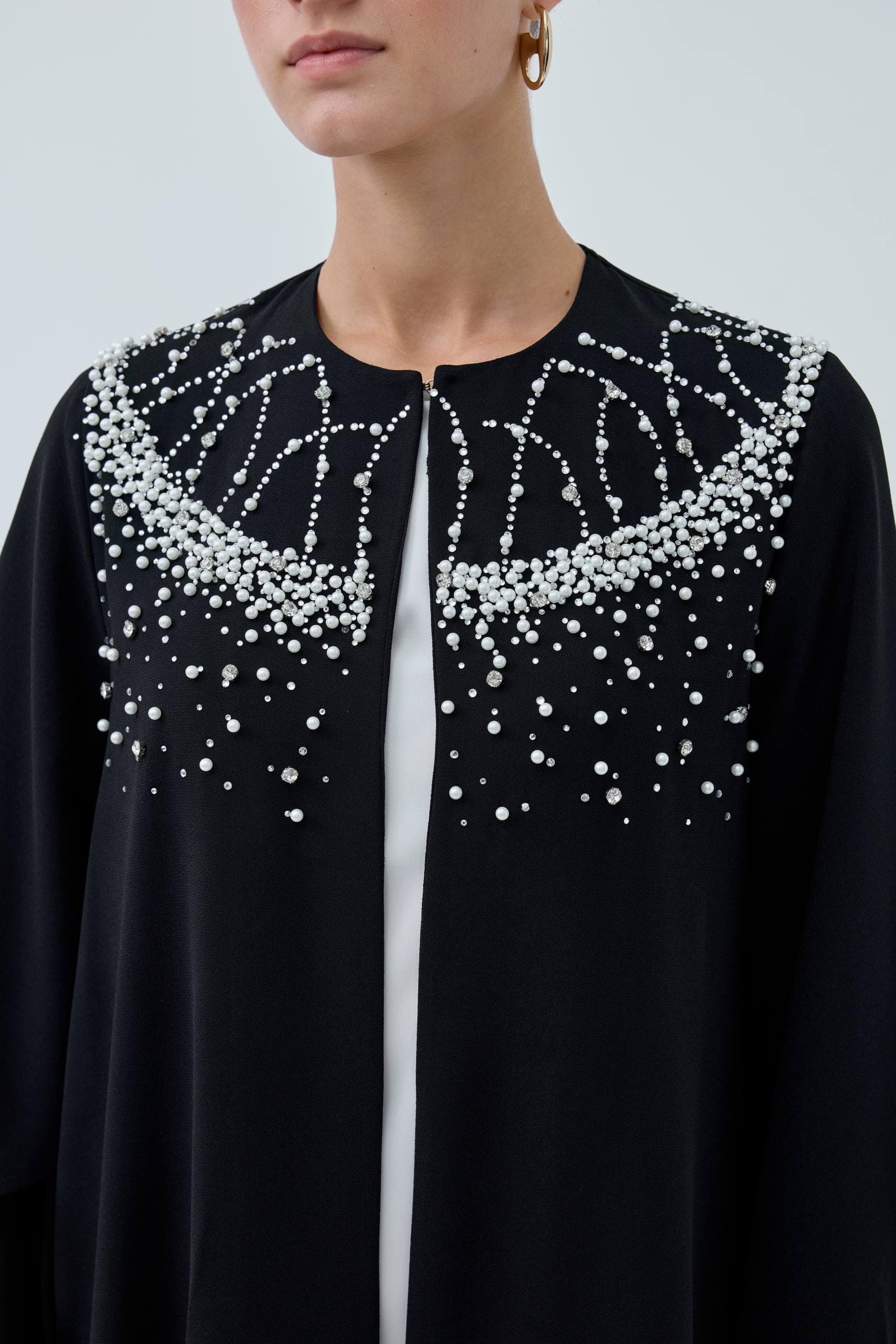 The Pearl-Embellished Black Open Abaya