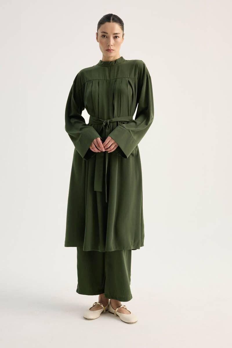 Olive Green Modest Two Piece Set - Pleated Long Tunic with Wide Leg Pants - image 4