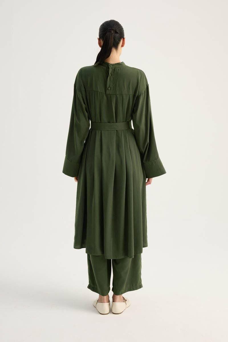 Olive Green Modest Two Piece Set - Pleated Long Tunic with Wide Leg Pants - image 5