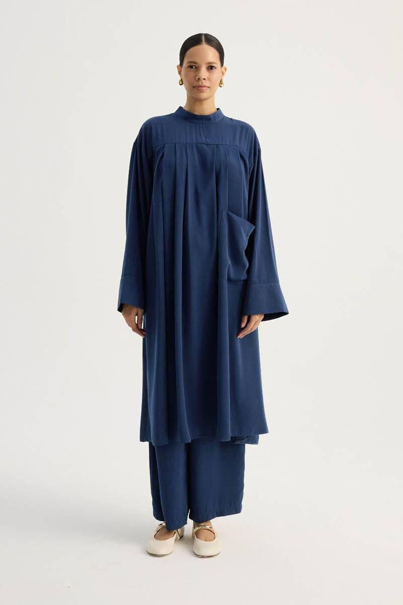 Navy Blue Modest Two Piece Set - Pleated Long Tunic with Wide Leg Pants - image 4