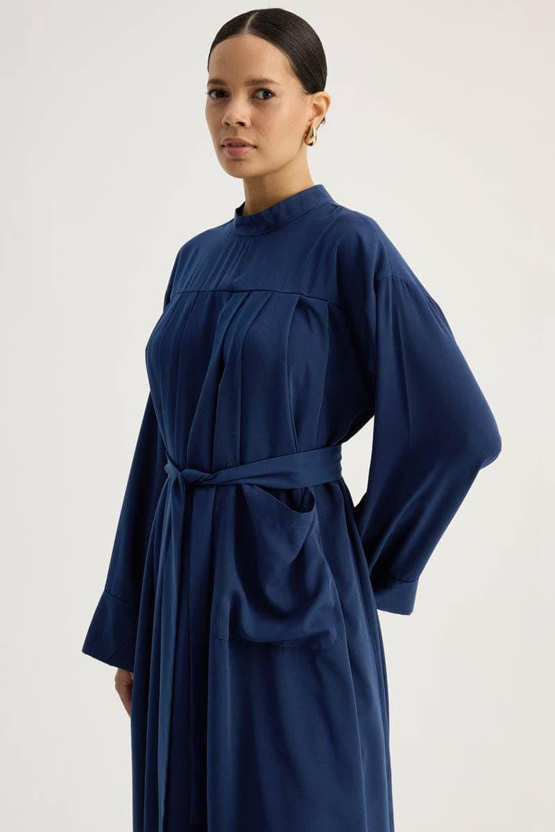Navy Blue Modest Two Piece Set - Pleated Long Tunic with Wide Leg Pants