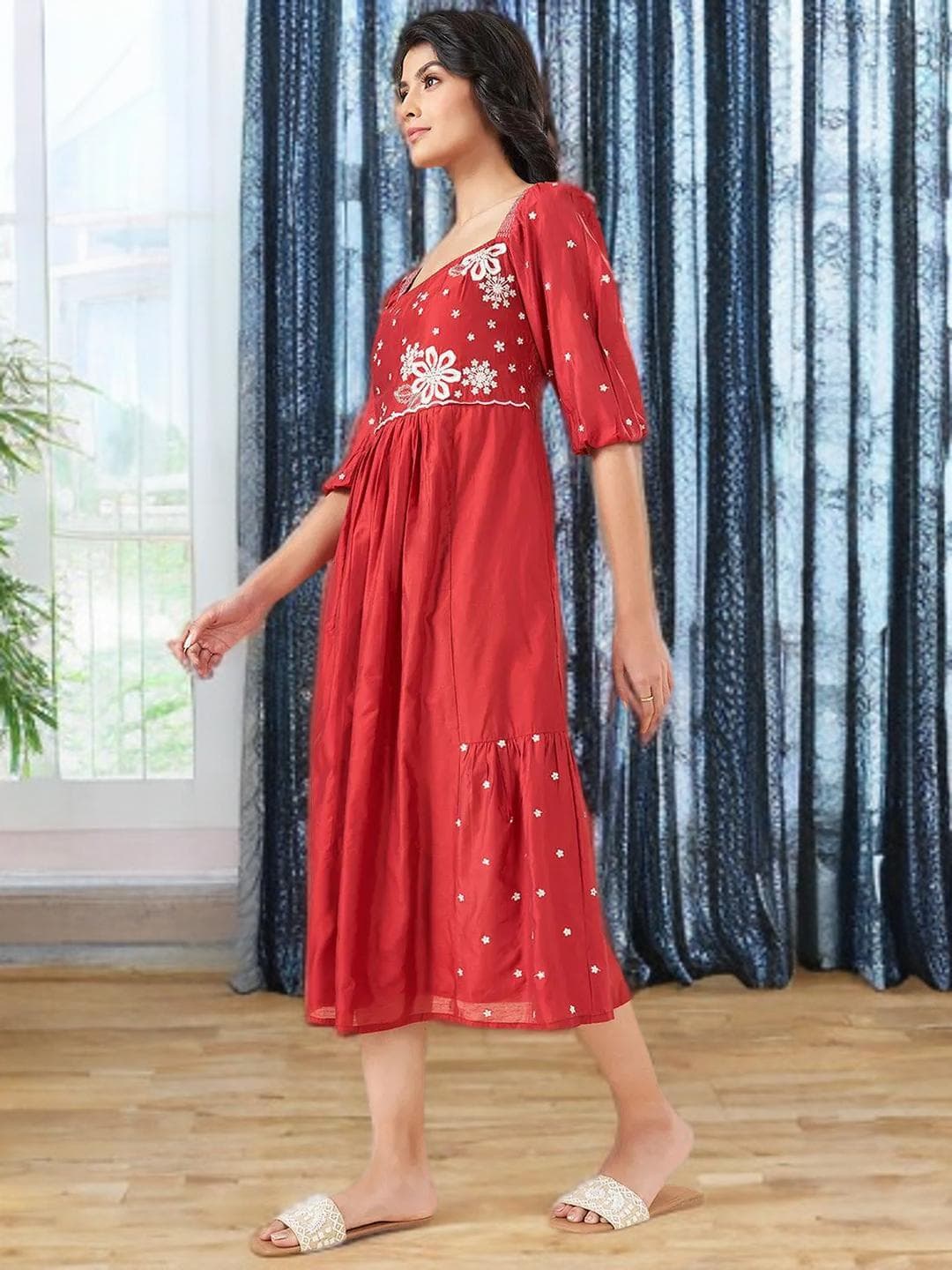 Red Embroidered Dress Evening Gown Wedding Guest - image 3